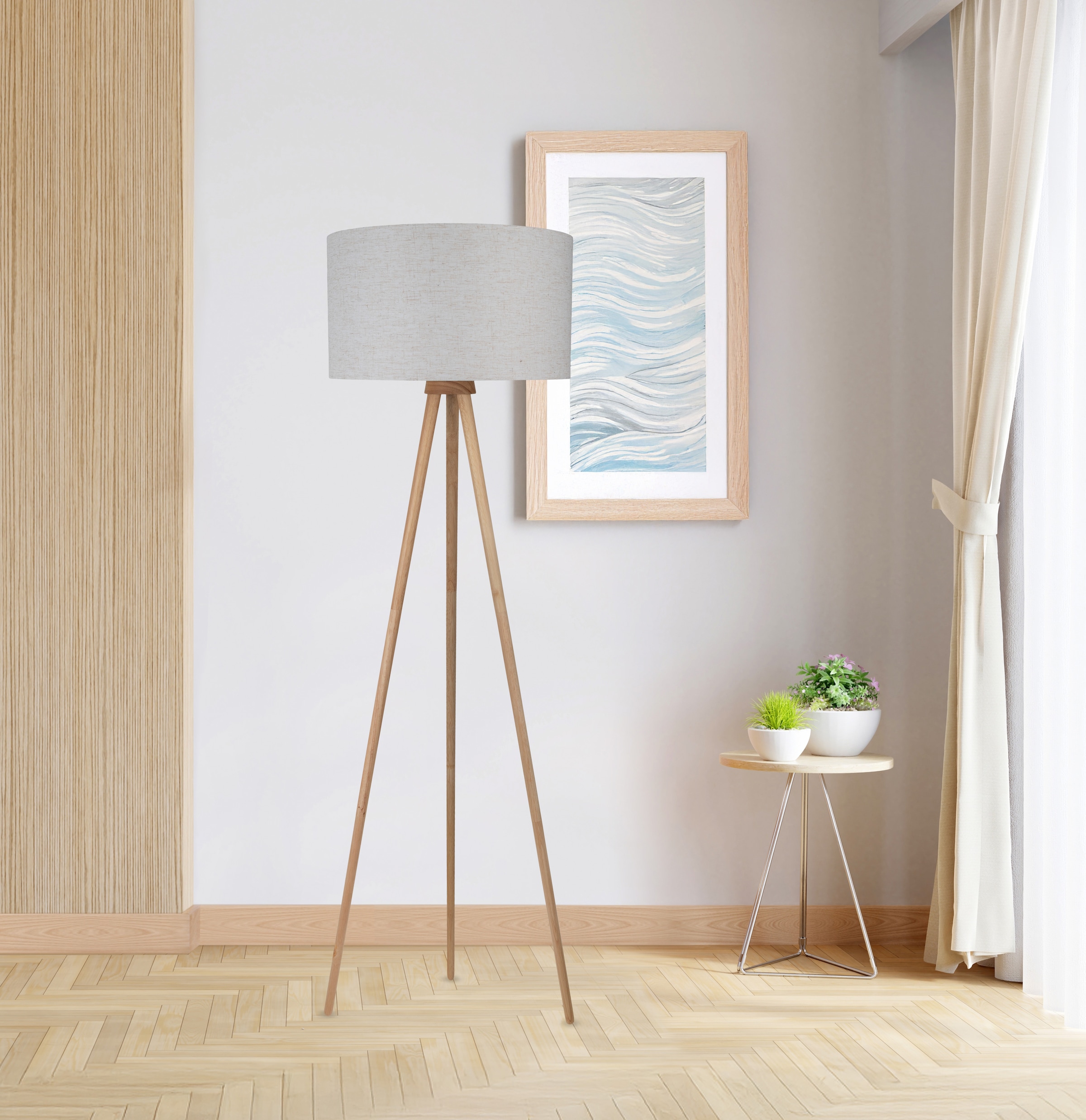 OTTO home Stehlampe »Torell - Dreibein Stehleuchte« E27 1 Stk. Textil, Dreibein Holz, E27, Kabel 300cm, Leinen o. Cord, Textilschirm