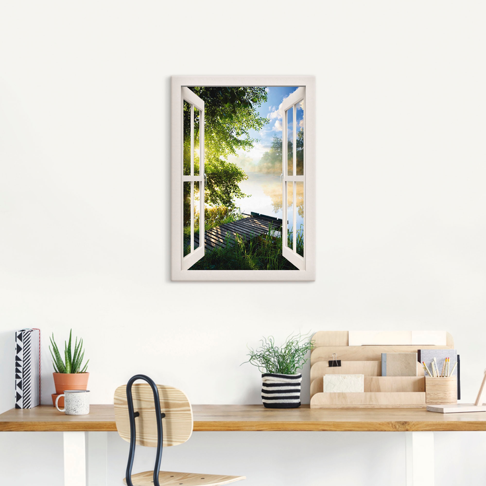 Artland Wandbild »Fensterblick Angelsteg am Fluss«, Fensterblick, (1 St.), als Alubild, Outdoorbild, Leinwandbild, Poster, Wandaufkleber