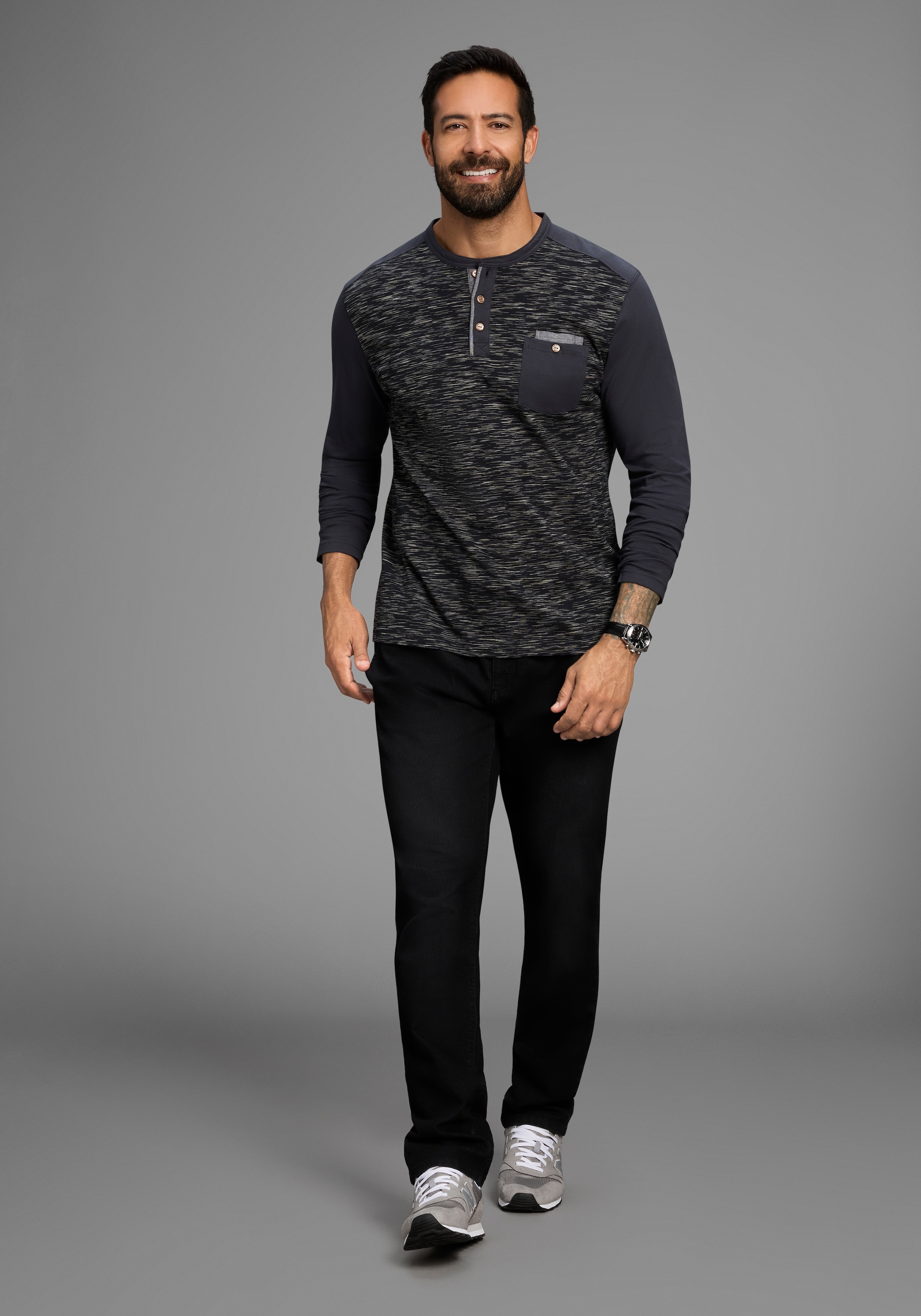 Arizona Longsleeve, Langarm, melierte Optik, Rundhalsausschnitt mit Knopfleiste