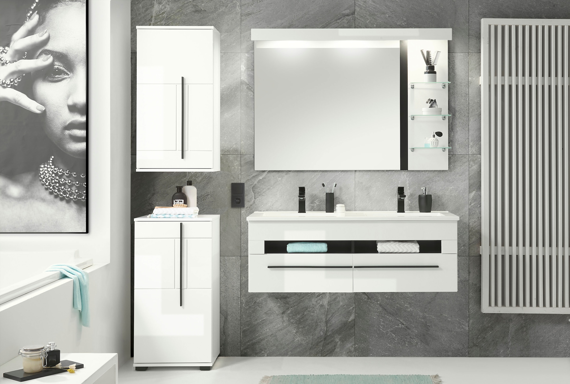 INOSIGN Badmöbel-Set »Cantara, Bad im modernen Design, 4-teiliges Badezimmer«, (Set, 4 St.), Waschtisch, Schrank, Hängeschrank und Spiegel, in Weiß Hochglanz