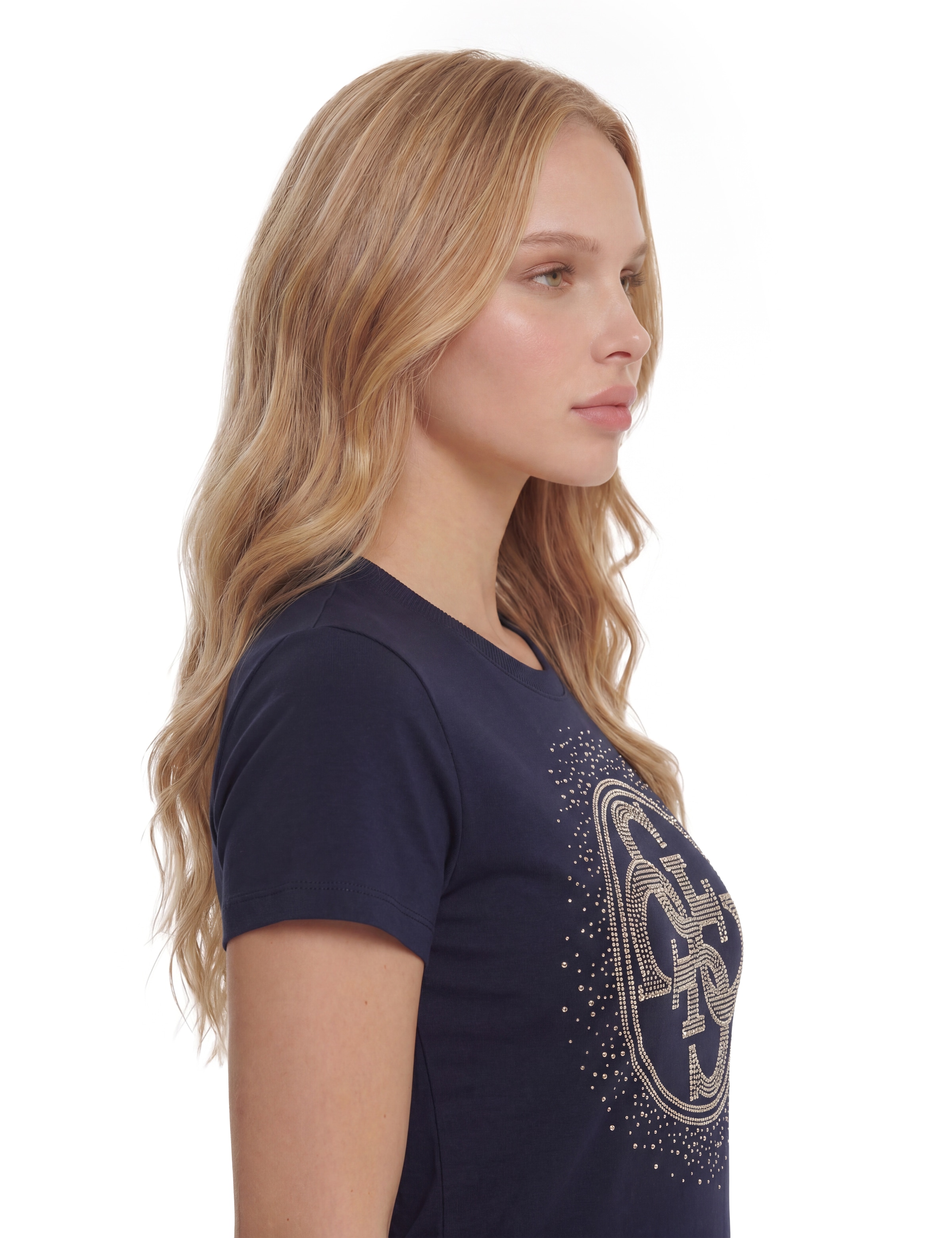 Guess T-Shirt »CN 4G ROUND CRYSTALS LOGO« mit markantem Logodesign, Regular Fit