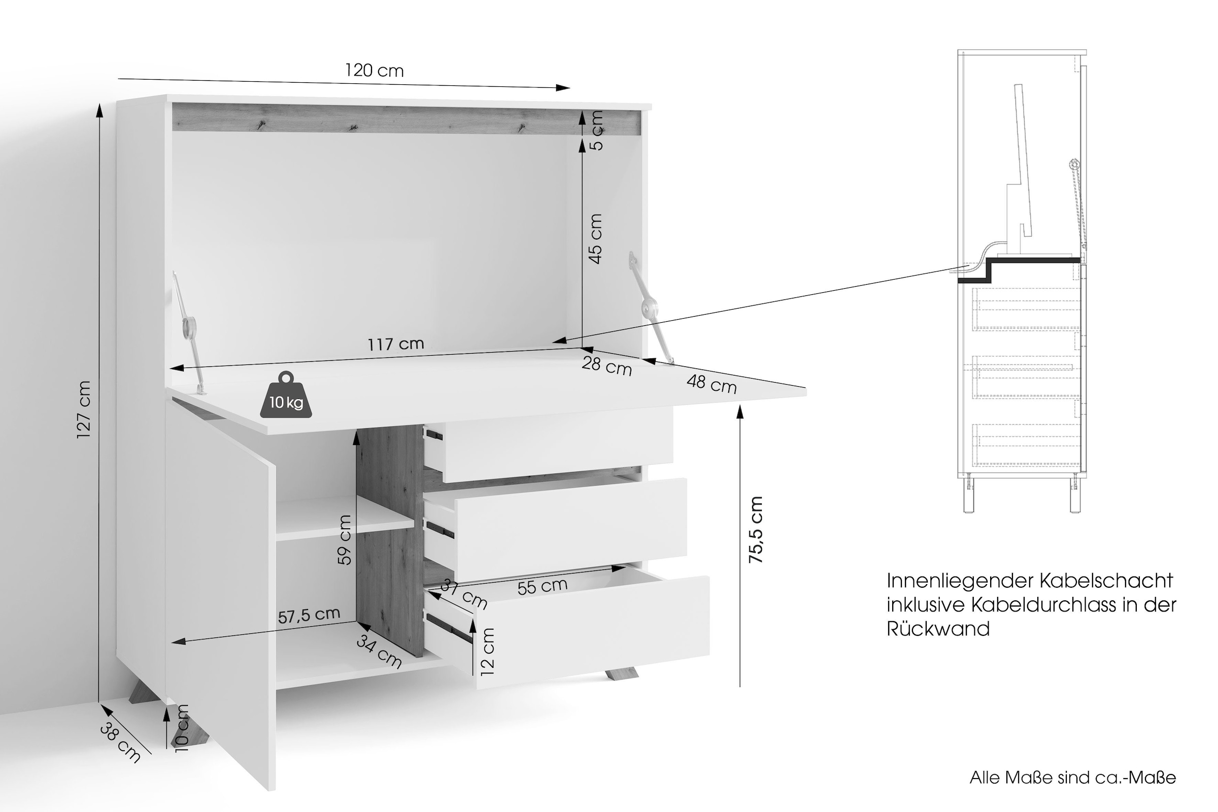 OTTO home Sekretär »Vaux« 1 Stk. tlg. Kaschmir / Artisan Eiche (Eiche-Optik), Klapptür, Stauraum, B: 120 cm