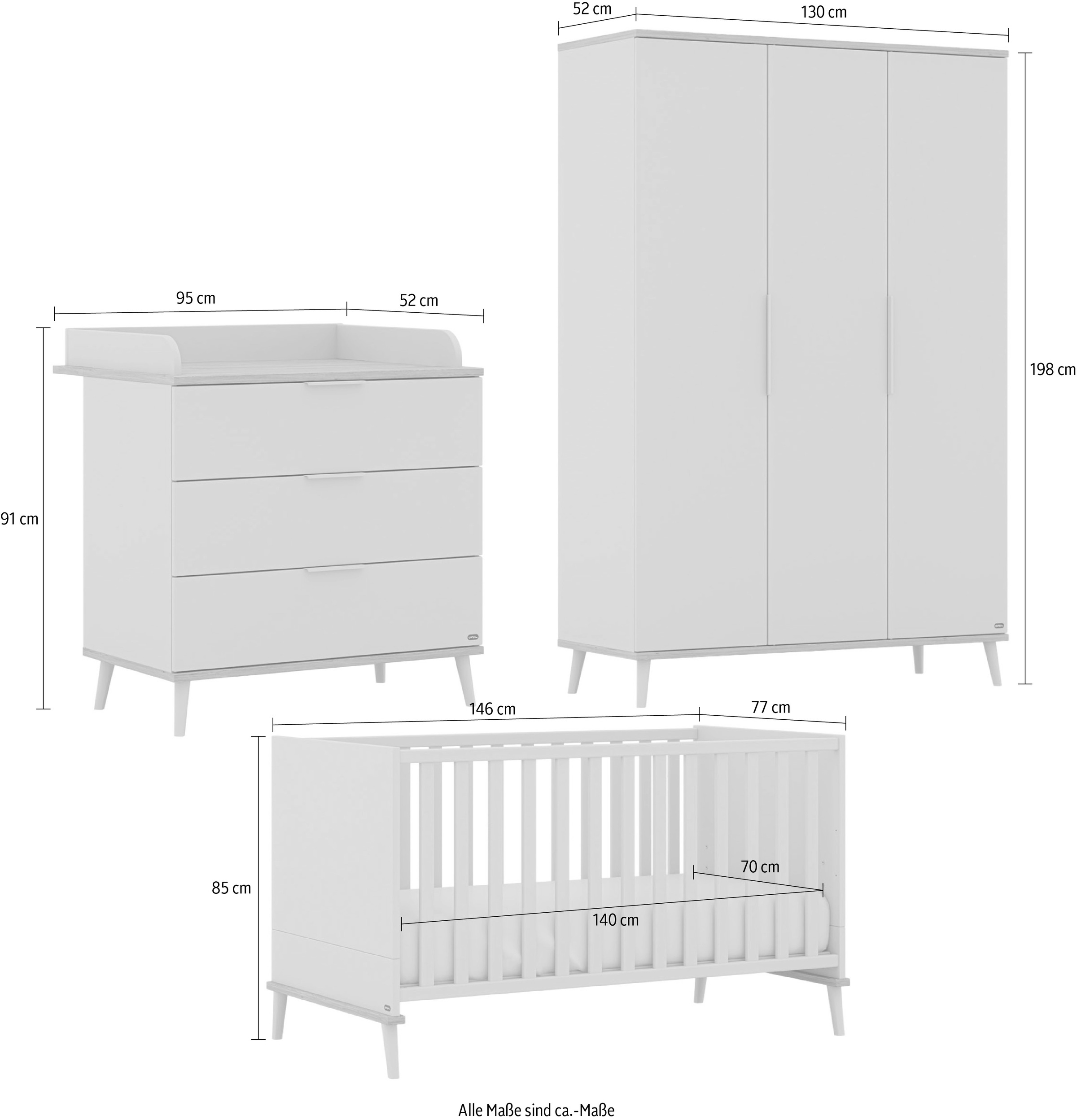 YUNY by PAIDI Babymöbel-Set »HAZEL, 3-teiliges Babyzimmer in Beige, modernes Komplettset« Spar-Set, 70x140cm Babybett, Kleiderschrank 3-türig, Wickelkommode inkl. Aufsatz, 3 tlg. Kinderzimmer, Soft-Close-Funktion, Mitwachsendes Bett inkl. Lattenrost