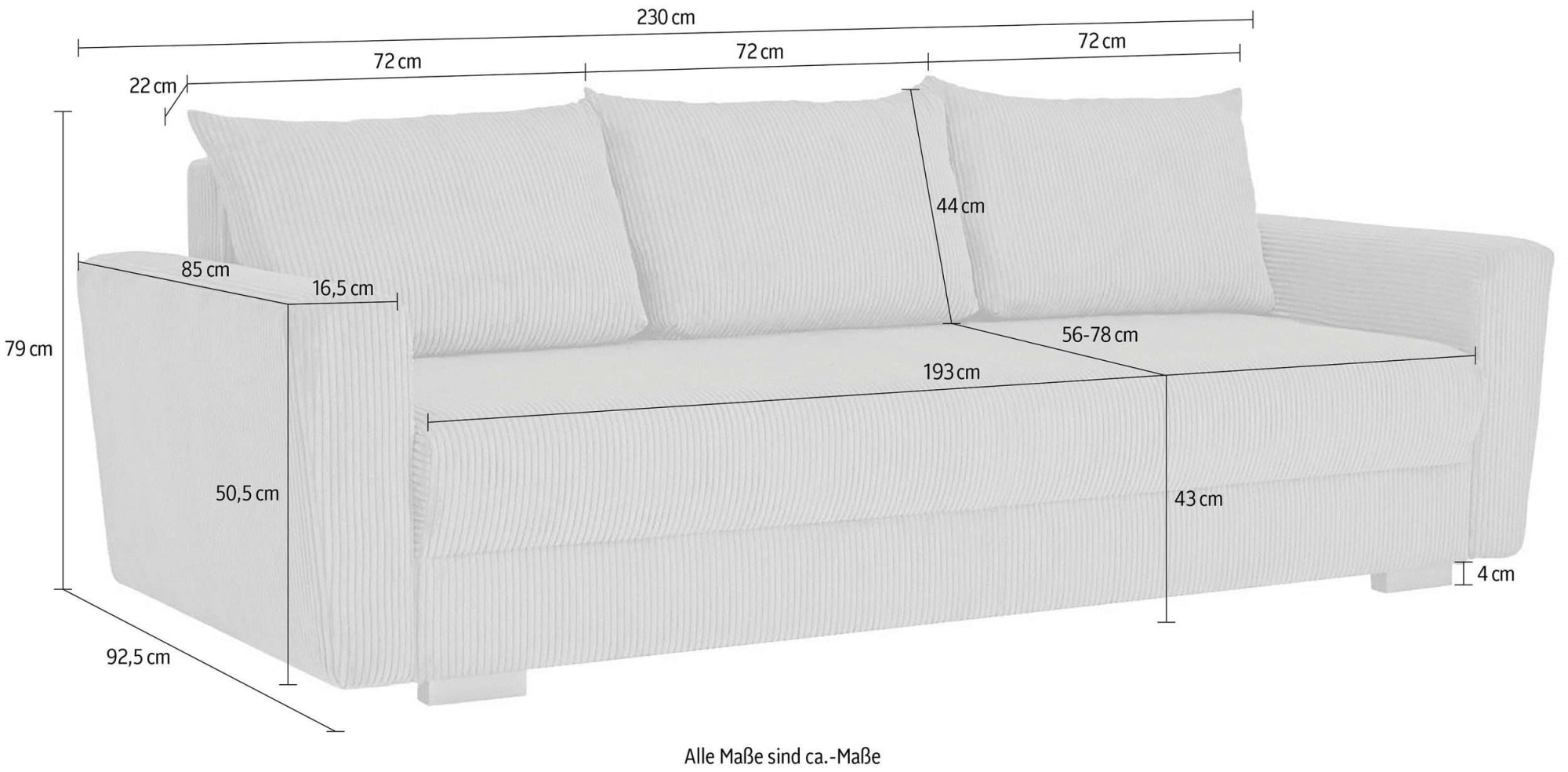 INOSIGN 3-Sitzer »MAGHERA Schlafsofa mit Bettkasten, in hochwertiger Verarbeitung«, mit Wellenunterfederung, Cord und Struktur-Bezug, B/H/T 230/92,5/79 cm