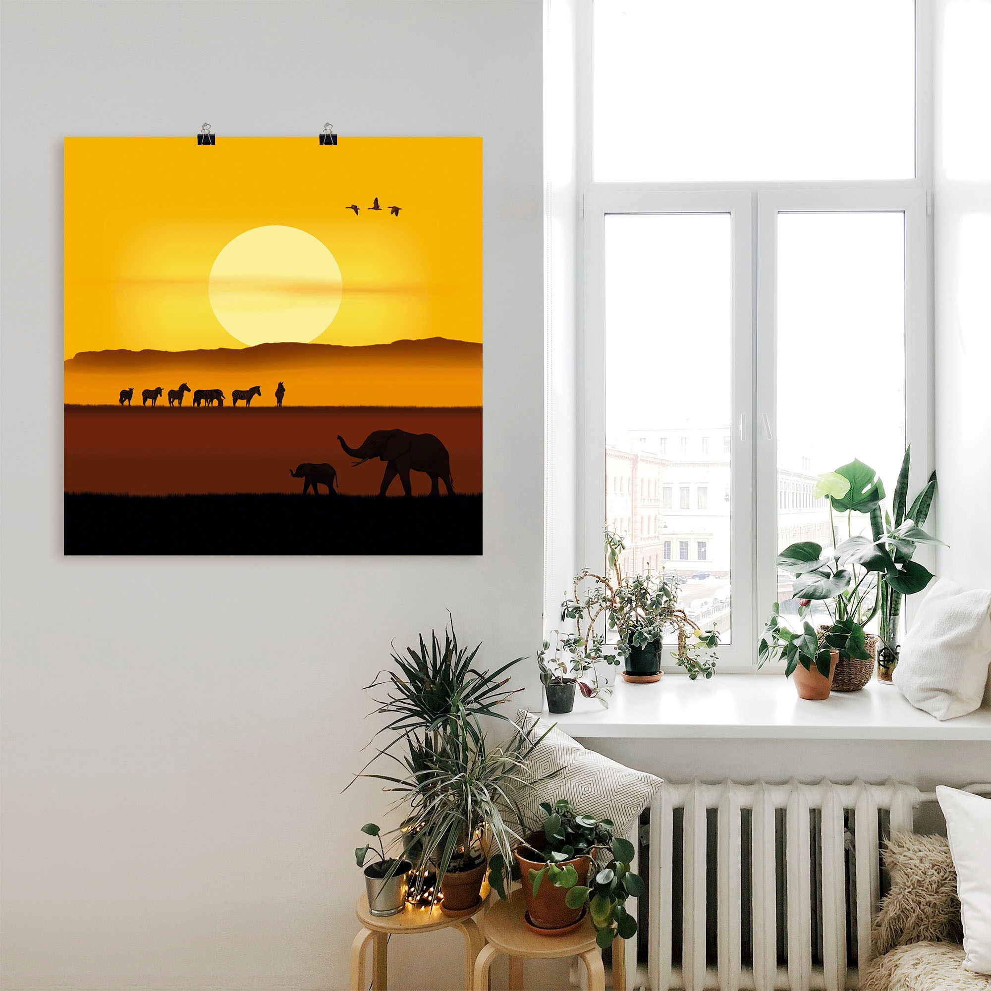 Artland Poster »Ein Morgen in der afrikanischen Savanne«, Wildtiere, (1 St.), als Alubild, Leinwandbild, Wandaufkleber oder Poster in versch. Größen