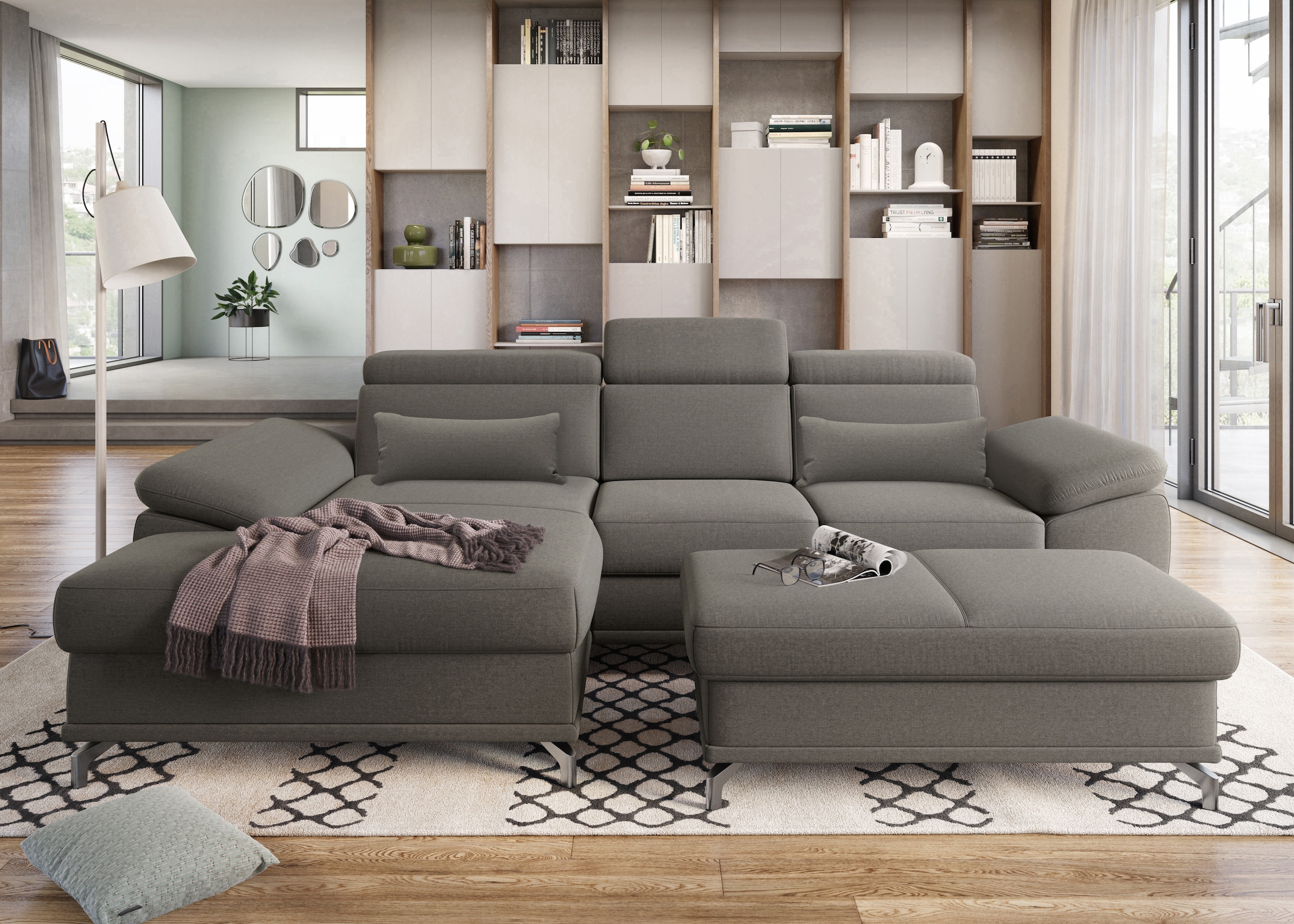 sit&more Ecksofa »Cabrio L-Form, B: 295 cm, mit Sitztiefen-, Arm- & Kopfteilverstellung« 2 Nierenkissen, Federkern, optional Bettfunktion und Stauraum