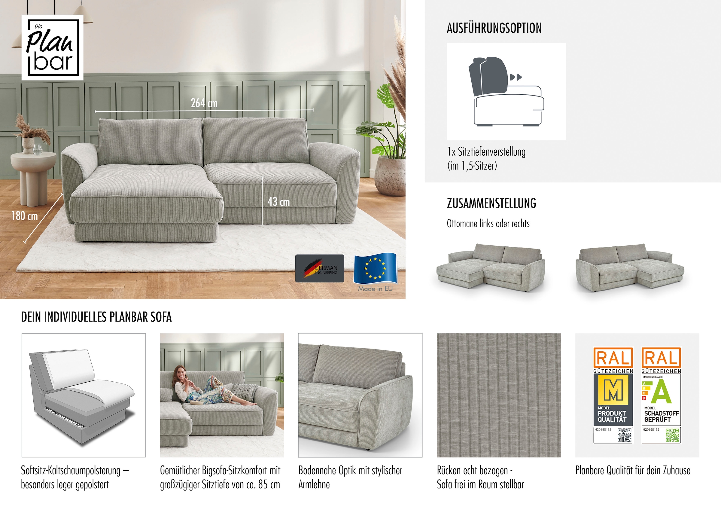 Die PlanBar Ecksofa »ZE-EM24138 L-Form, 264 cm breit, Softsitz-Couch Polsterecke« Kaltschaumpolsterung, optional mit Sitztiefenverstellung
