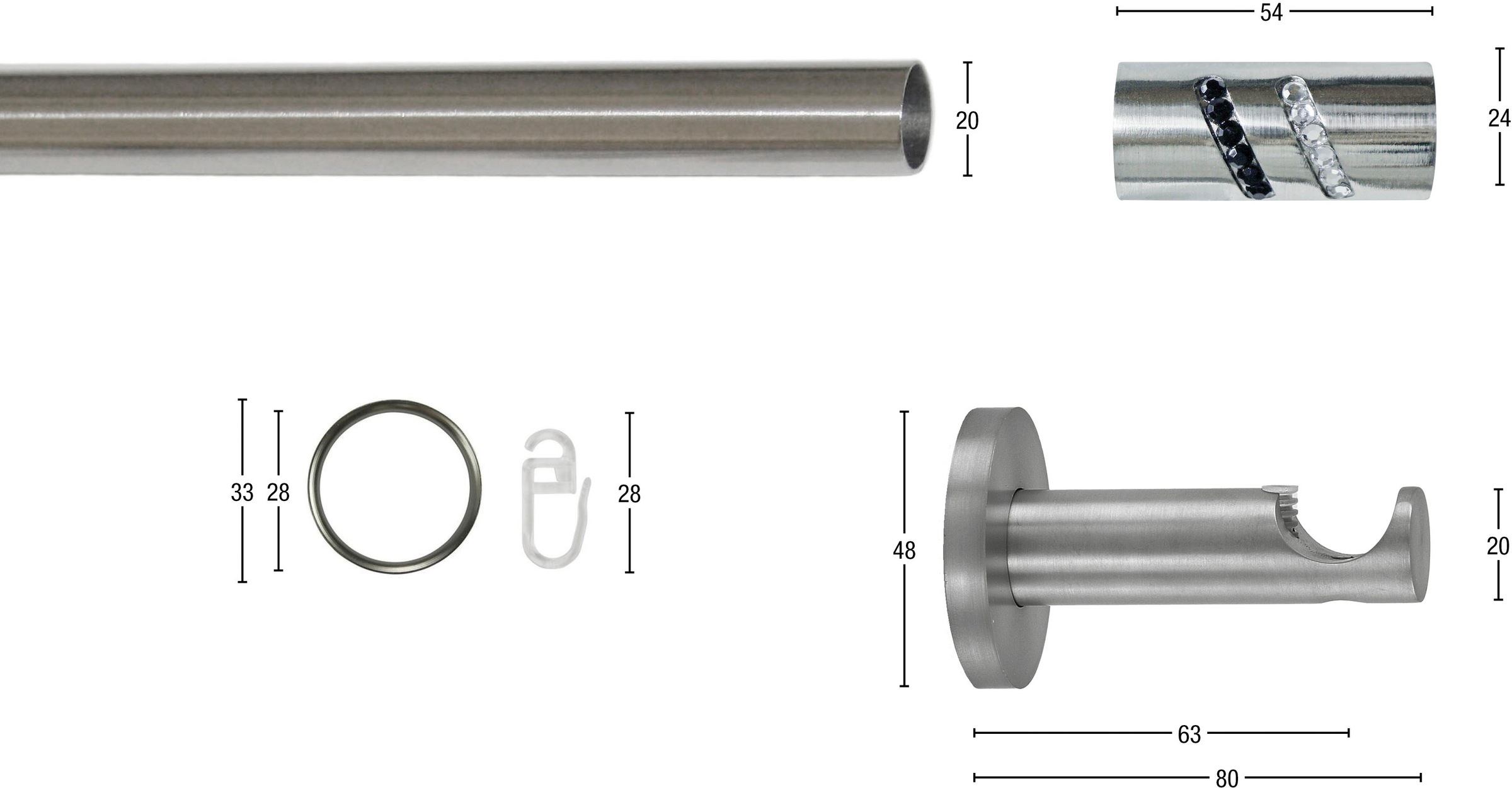 GARESA Gardinenstange »BOSTON« Ø 20 mm 1 läufig-läufig Wunschmaßlänge Vorhanggarnitur, verlängerbar, Glitzerstein, edelstahl optik, m.Ringe