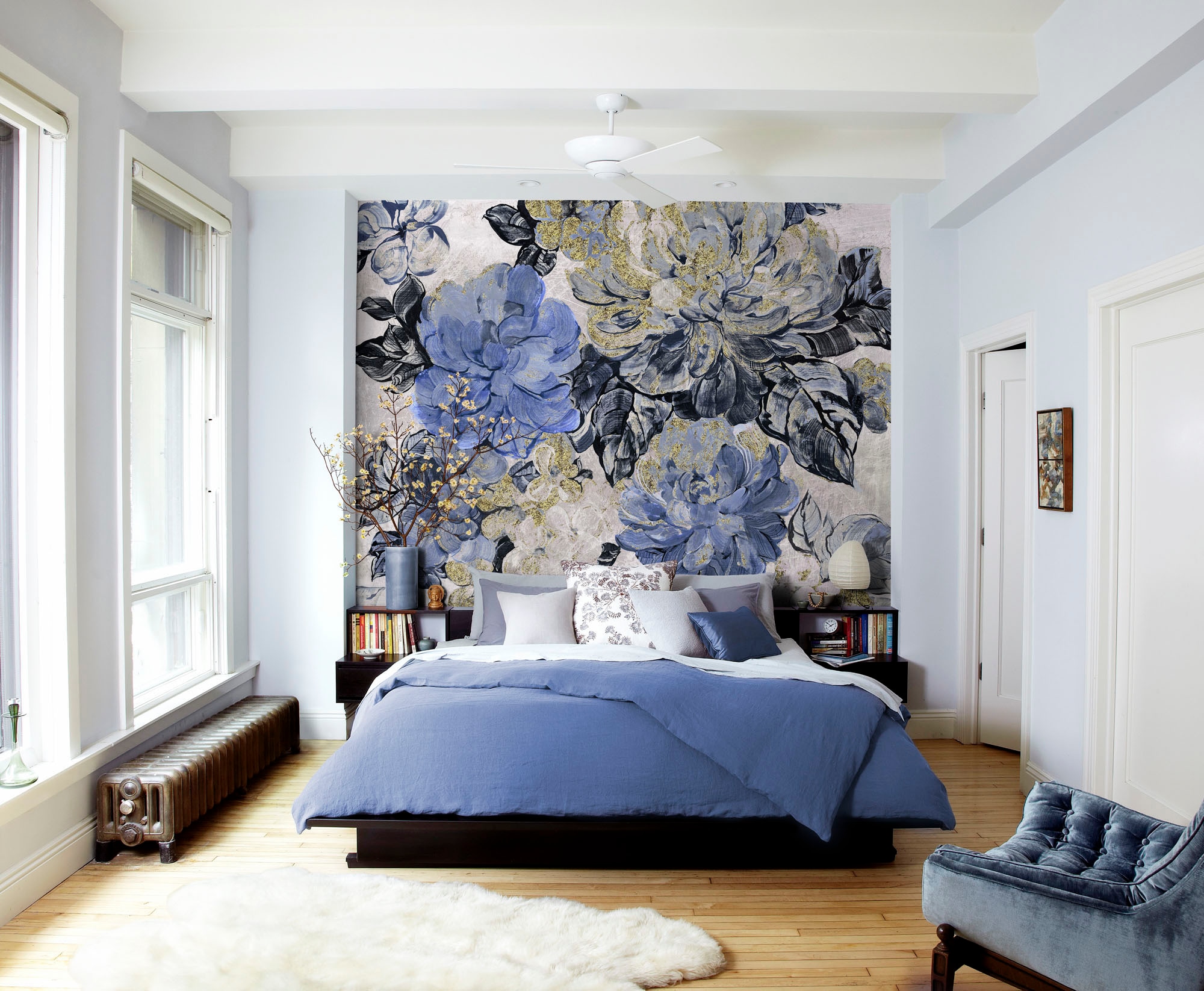 Komar Fototapete »Digitaldruck Vlies - Vintage blue Garden - Größe 300 x 250 cm«, bedruckt, Wohnzimmer, Schlafzimmer