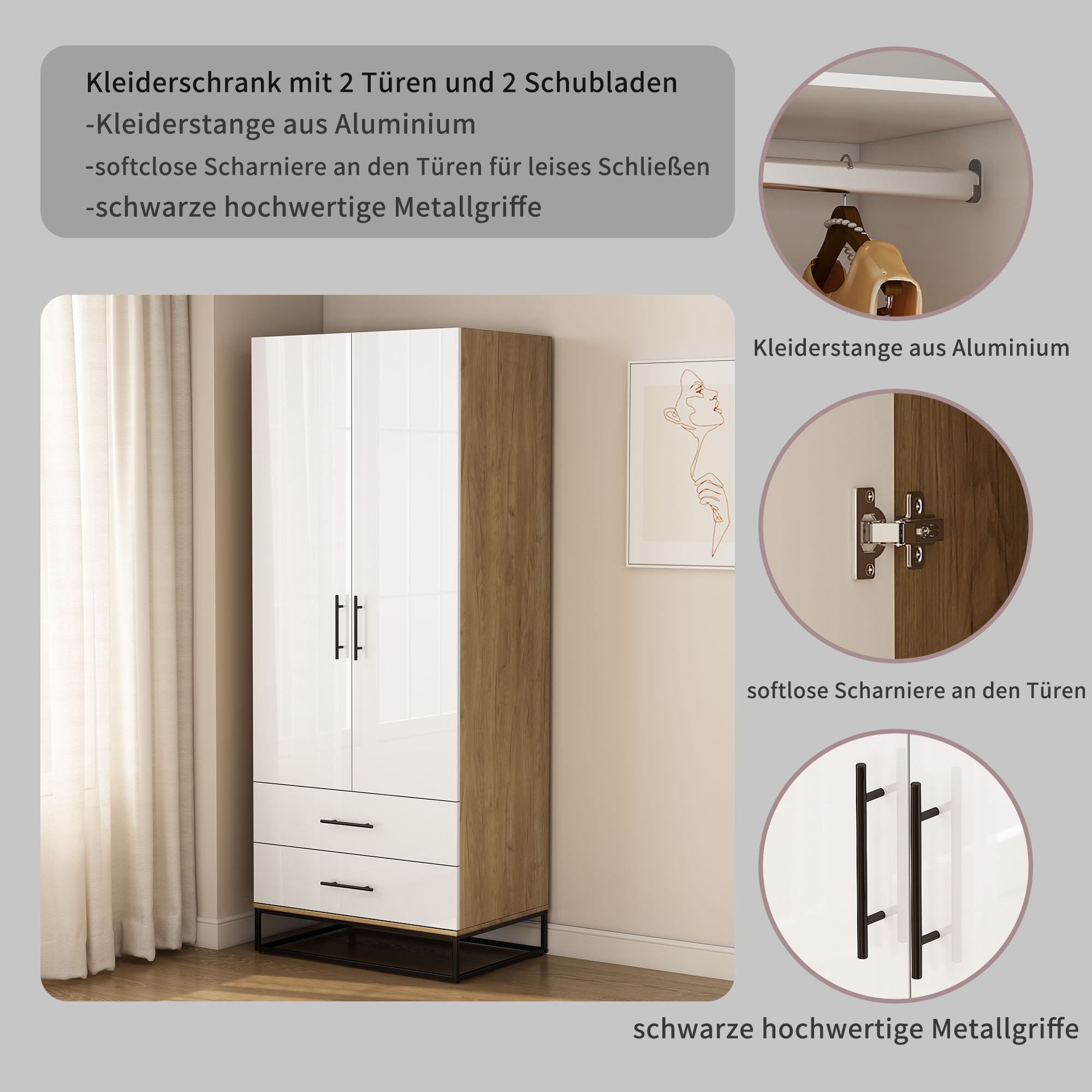 OTTO home Kleiderschrank »Lucca Schlafzimmerschrank Garderobe hochglanz Bestseller« Hochwertige schwarze Griffe und Kufengestell,  Schlafzimmerschrank mit 2 Türen und 2 Schubladen, Breite 80cm