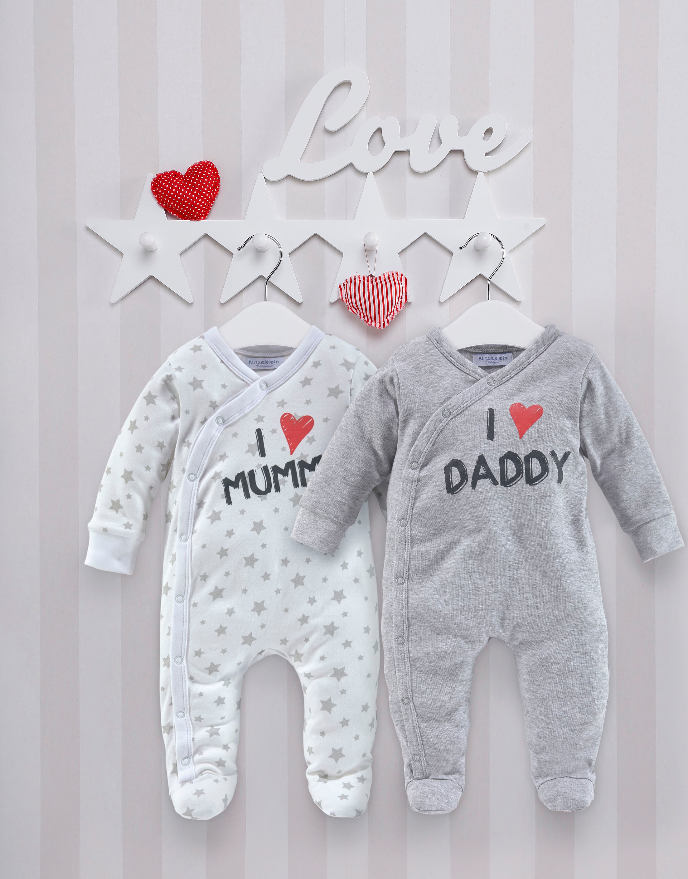 Klitzeklein Schlafoverall »I love Mummy / I love Daddy«, (Packung, 2 tlg.), aus Bio-Baumwolle, Baby-Overalls