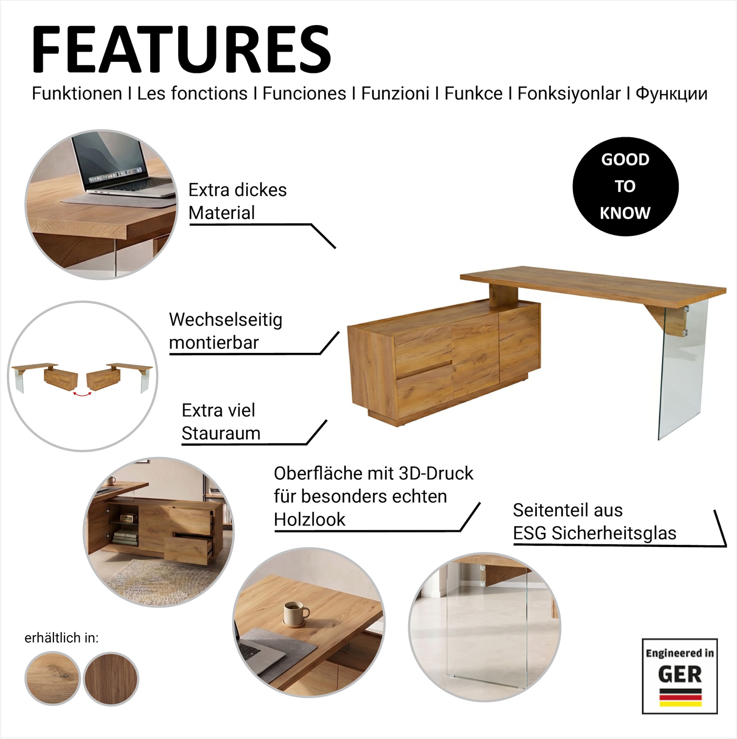 Jahnke Eckschreibtisch »LUX C 160 E« Eckschreibtisch, wechselseitig montierbar, Glas, 2 Fächer+2Schubladen