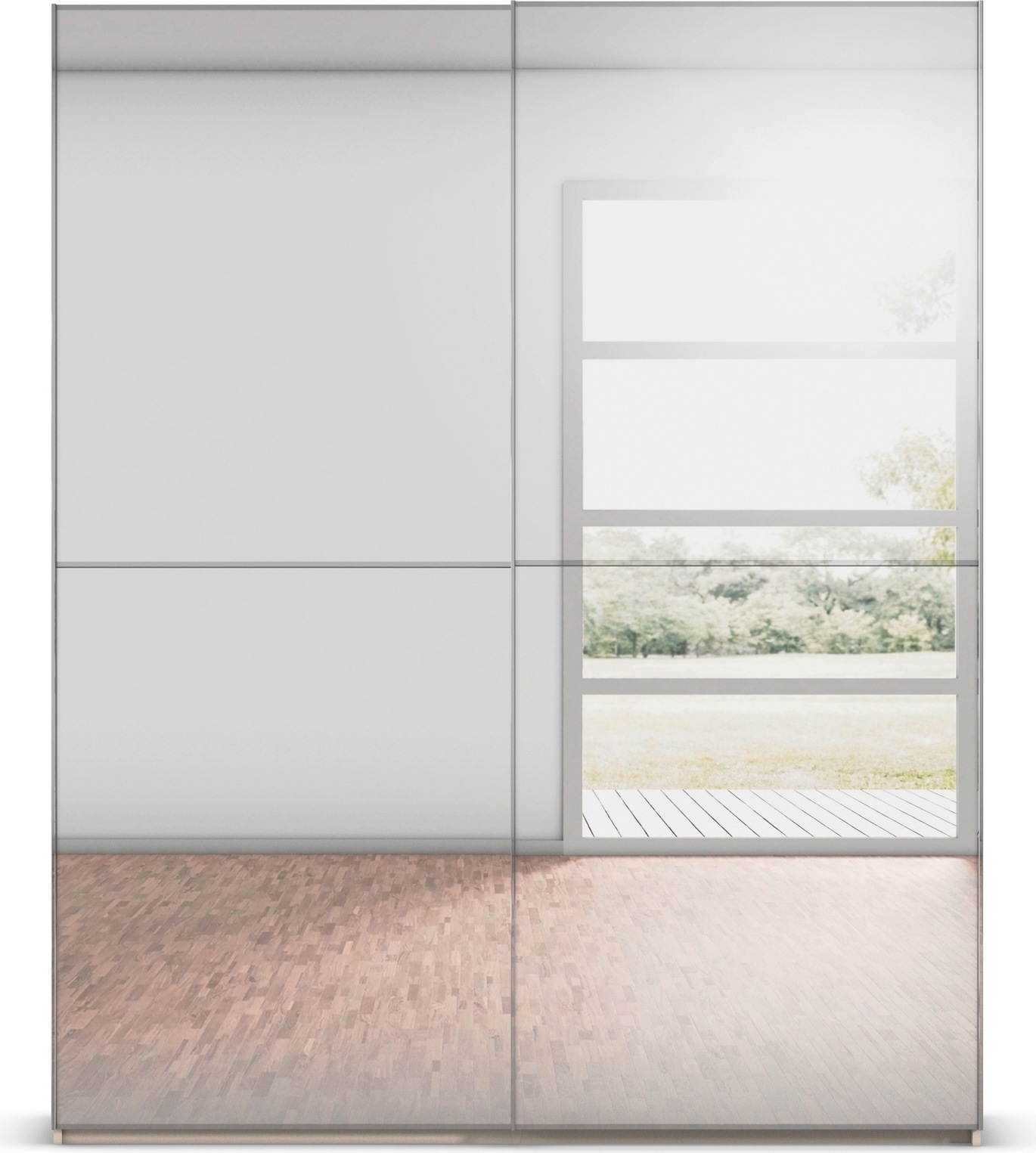 rauch Schwebetürenschrank »Kleiderschrank Schrank Garderobe Schlafzimmerschrank SCALE-DUO« edle zweigeteilte Türen Spiegelfront und 3 Zierleisten MADE IN GERMANY