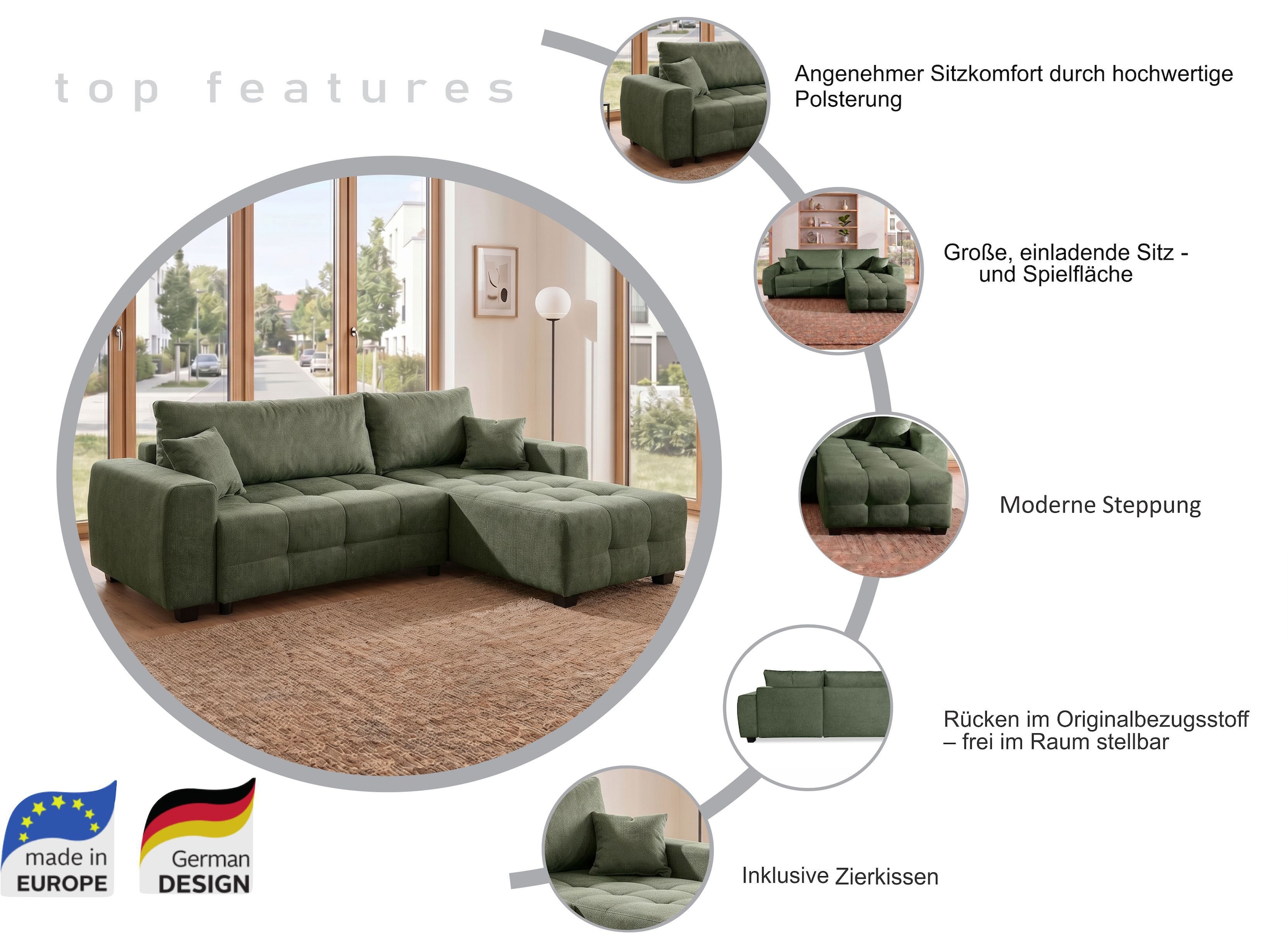 OTTO home Ecksofa »Bella L-Form, B: 234 cm - OTTO. Verlässliche Qualität.« Ecksofa,Schlaffunktion,Bonnelfederkern,Rückenkissen