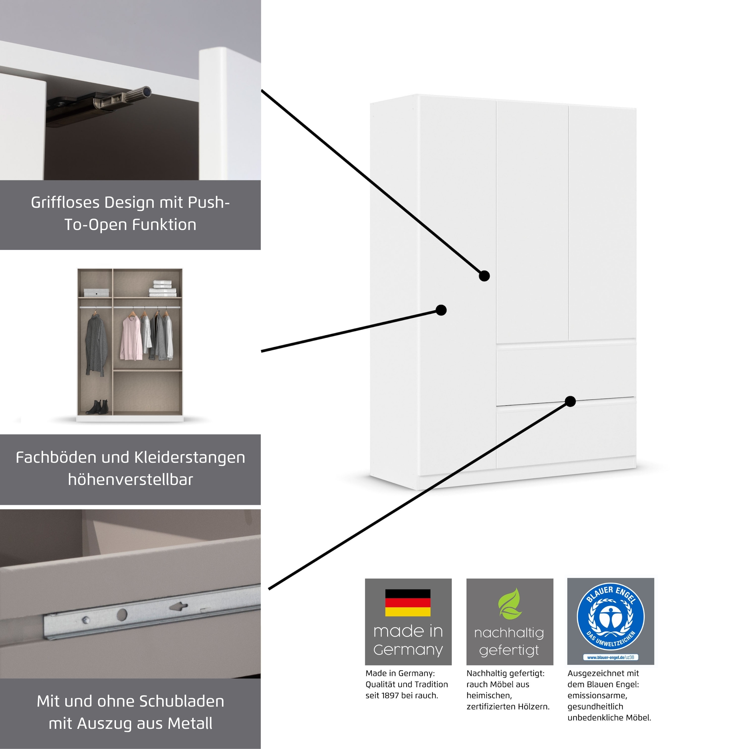 rauch Drehtürenschrank »Kleiderschrank Schrank Garderobe Wäscheschrank COSTA in 3 Breiten«, viel Platz, grifflose Front und Push-to-Open Funktion MADE IN GERMANY