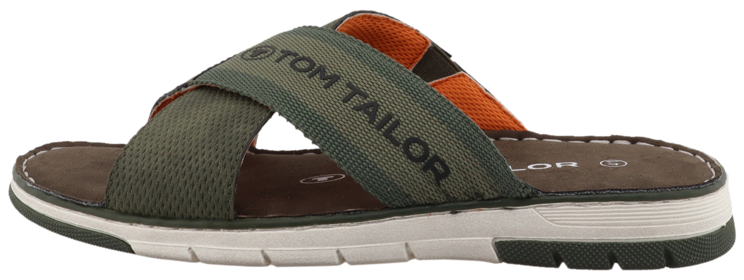TOM TAILOR Pantolette, Sommerschuh, Schlupfschuh, Bequemschuh mit plakativem Logoschriftzug