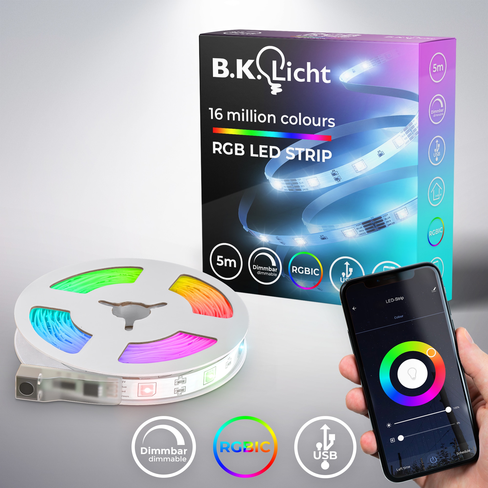 B.K.Licht LED Stripe »Wifi RGBIC USB LED Strip, 5 m, mit App Steuerung«, 150 St.-flammig, Lichtleiste, mit Musiksensor, smartes LED Band, Selbstklebend