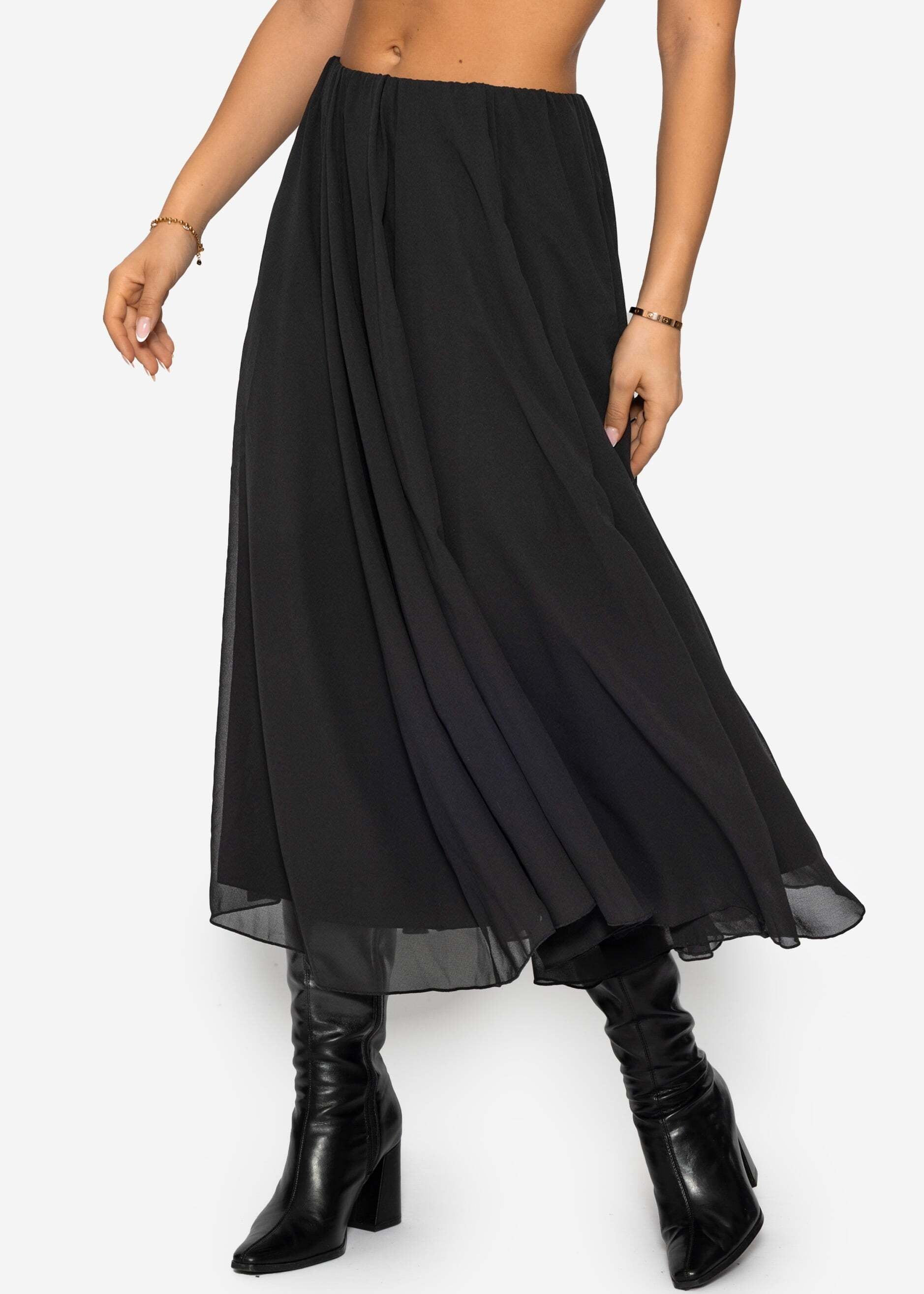 SASSYCLASSY Midirock »Langer Chiffon Rock« Eleganter blickdichter Rock mit elastischem Bund Schwarz