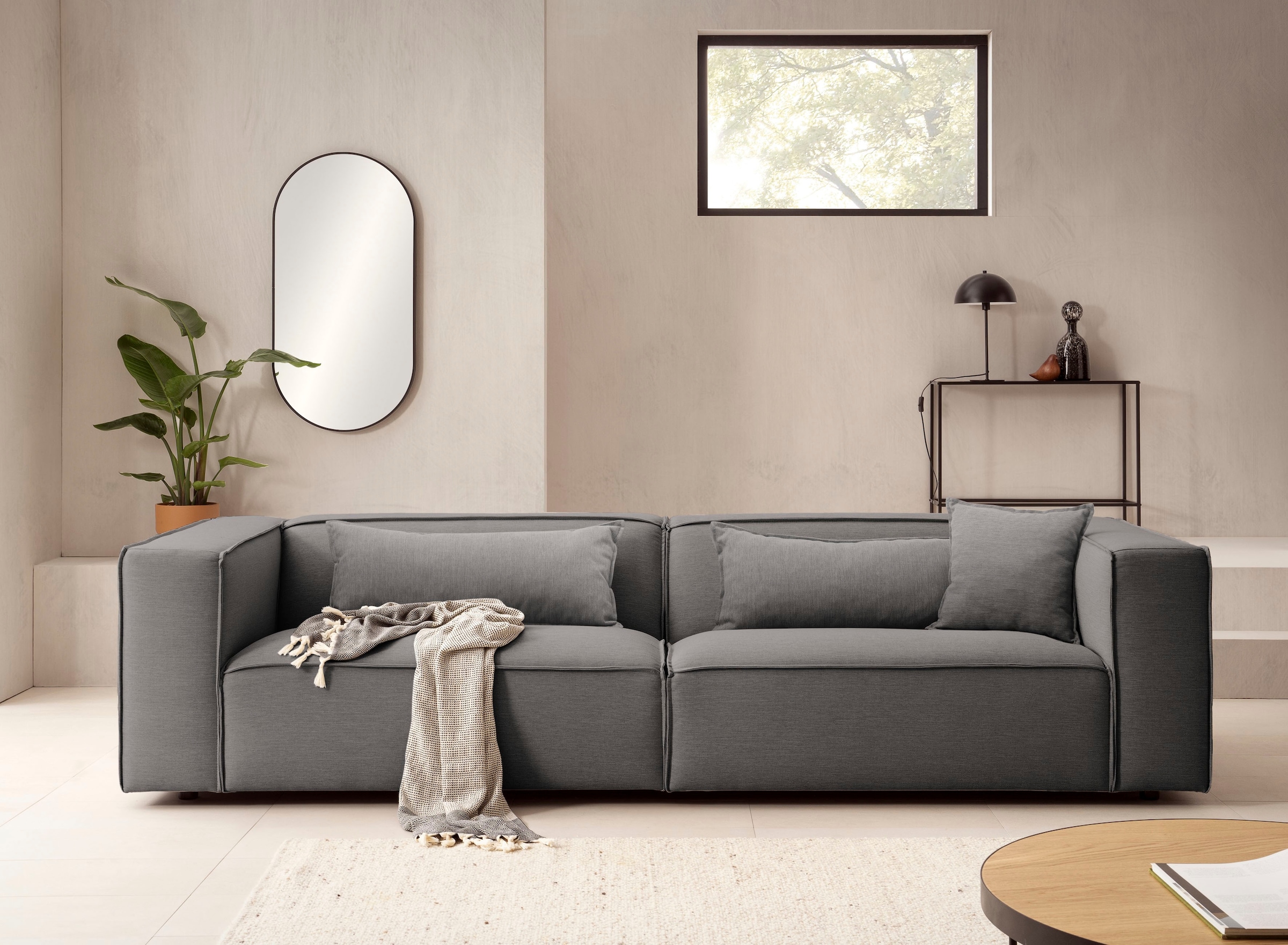 LeGer Home by Lena Gercke 3-Sitzer »PIARA, Couch mit Kedernaht, Sofa in Cord oder Leinenoptik«, schwarze Füße, bequemer Sitzkomfort