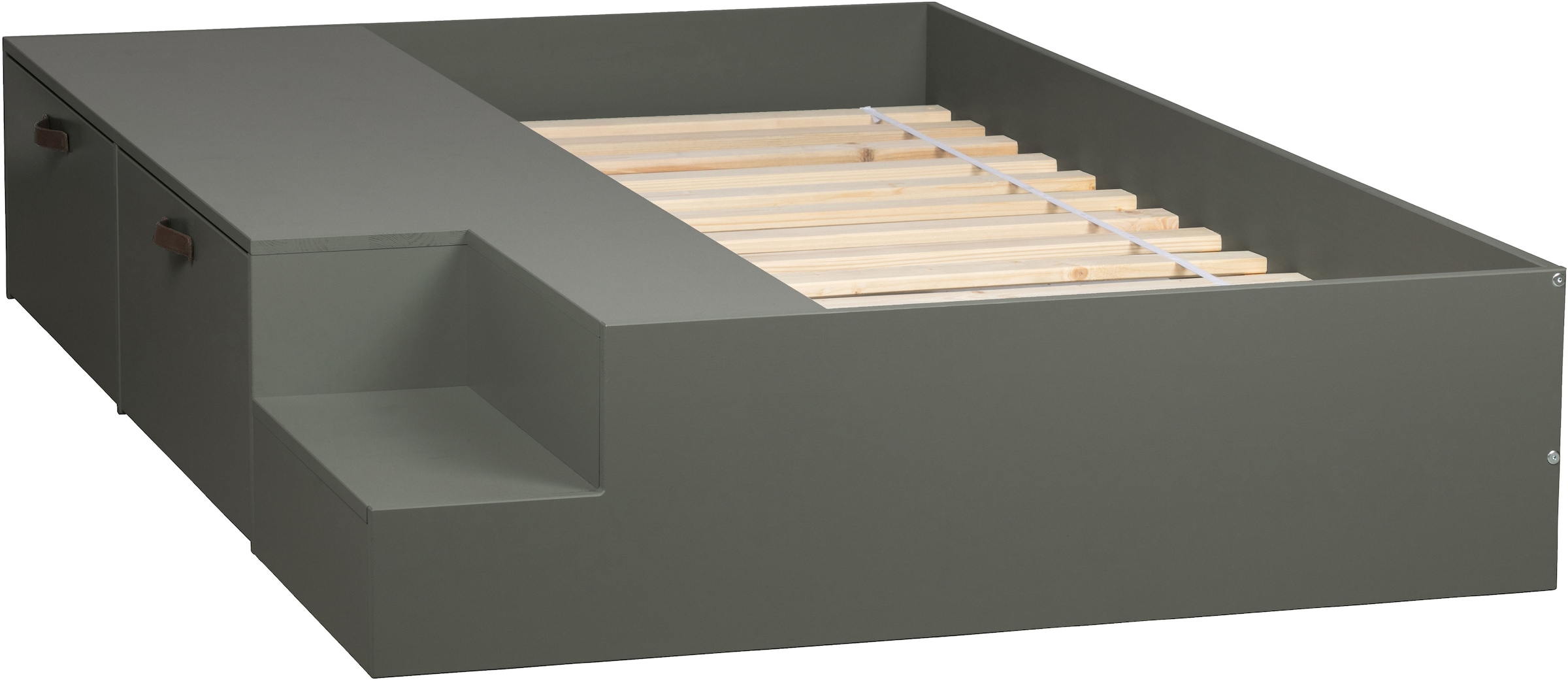 WOOOD Stauraumbett »Stage Massivholz FSC®-Kiefernholz mit Trittstufen 204 x 131 x 35 cm« Rollauszüge mit Ledergriff, breite Holzkante, Matratzenmaß 80x200 cm