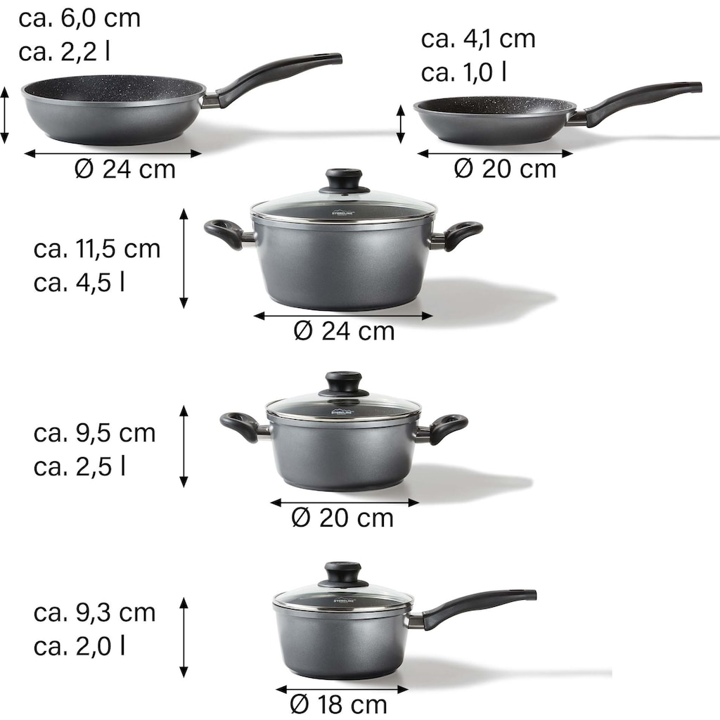 STONELINE Topf-Set, Aluminium, (Set, 5 tlg., Bratentopf 20 cm, Kochtopf 20 cm, Kasserolle 18 cm, Pfanne 20/24 cm)