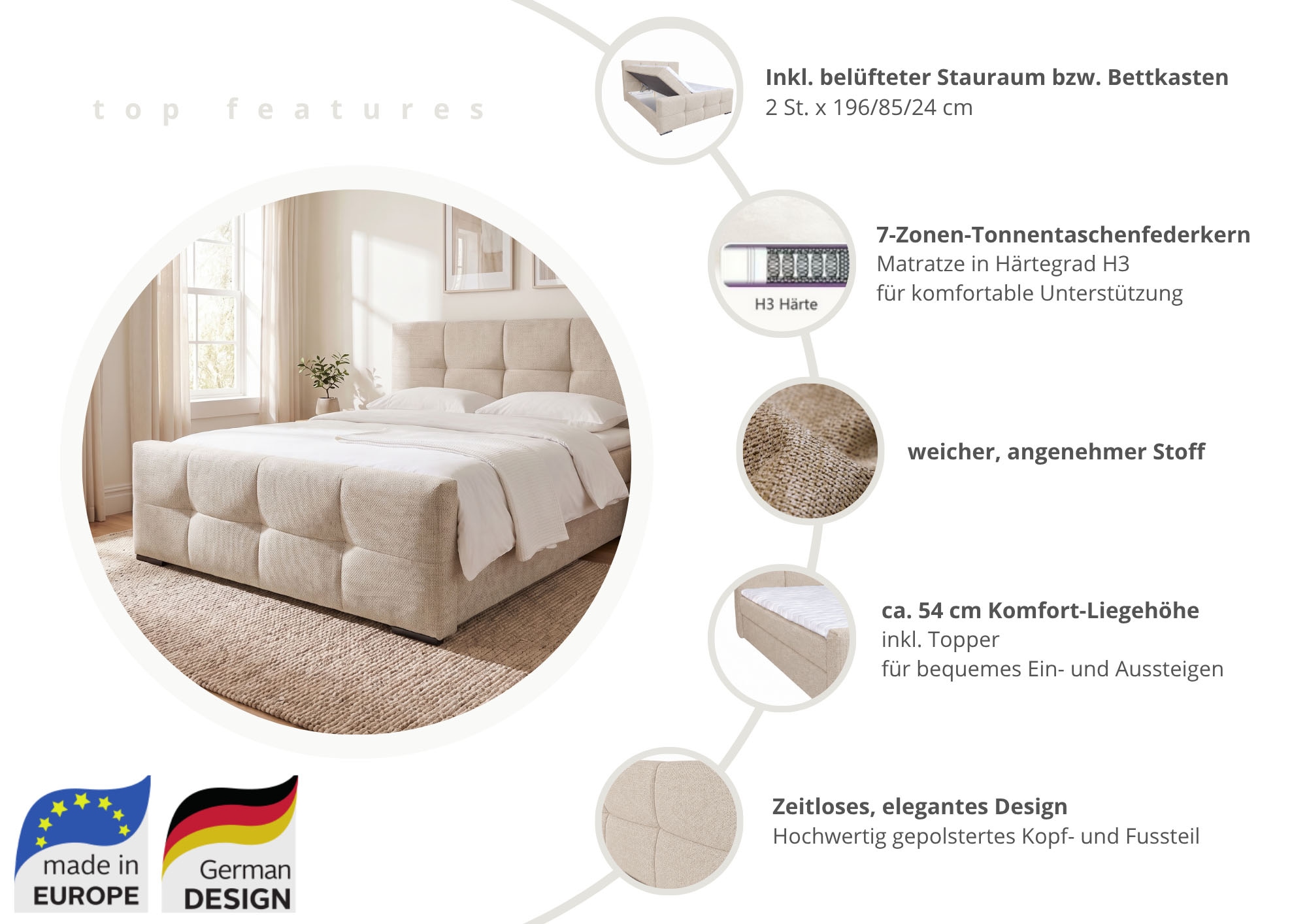 OTTO home Boxbett »FIETTE, Polsterbett mit Bettkasten, inkl. Taschenfederkernmatratze H3« inkl. Kaltschaumtopper, Strukturstoff-Bezug, Liegefläche 180x200 cm