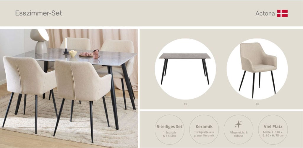 ACTONA GROUP Esszimmer-Set »Essgruppe, Speisetisch mit Stühlen, für das Esszimmer, Modern«, (Komplett-Set, 5 St., 1x Tisch + 4x Stühle), Rechteckiger tisch aus grau keramik Melamin & dunkelgraue Stühle