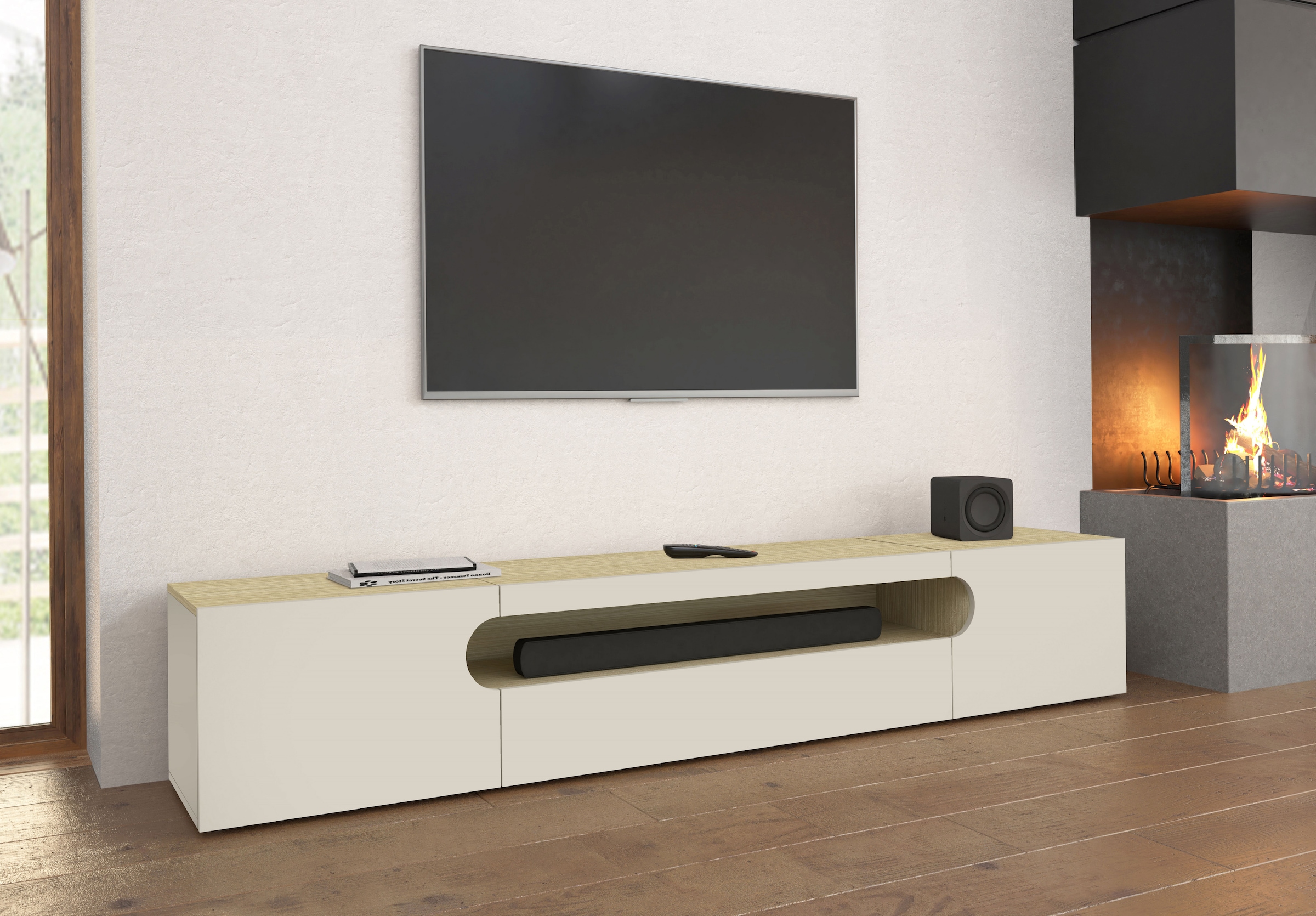 INOSIGN Lowboard »REAL TV-Möbel, 240 cm breit, 40/60 cm hoch, Hochglanz oder matt« mit 2 abgerundeten Türen, 1 Klappe, die ein ovales offenes Fach bilden