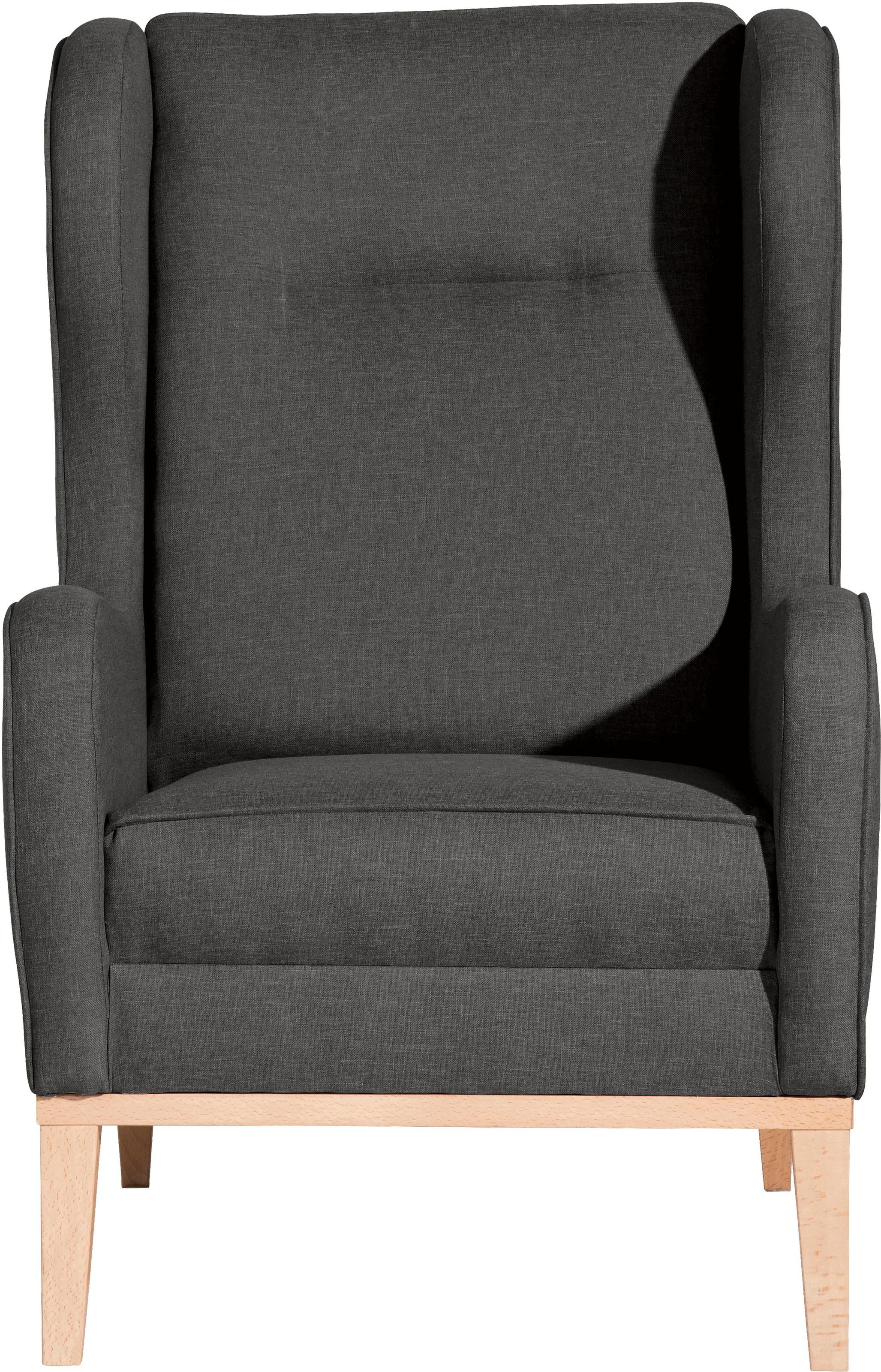 Max Winzer® Ohrensessel »Anthony eleganter Hochlehner, Designsessel, bequem und komfortabel«, mit umlaufendem Holzsockel & Kedernaht, Solitärmöbel mit hohem Holzfuß