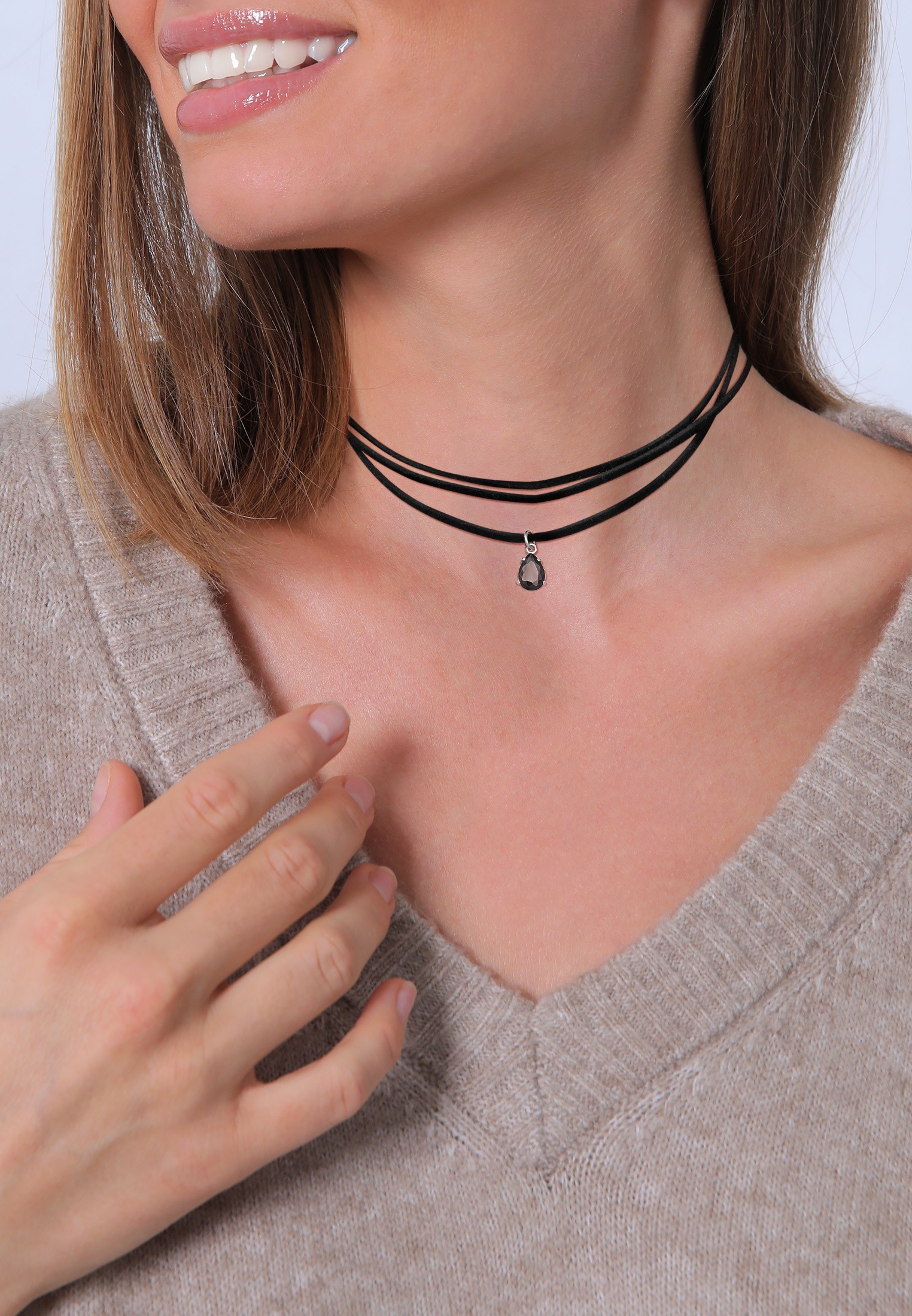 Elli Choker »Halskette Kunstleder Choker Zirkonia Tropfen Anhänger 925 Silber«