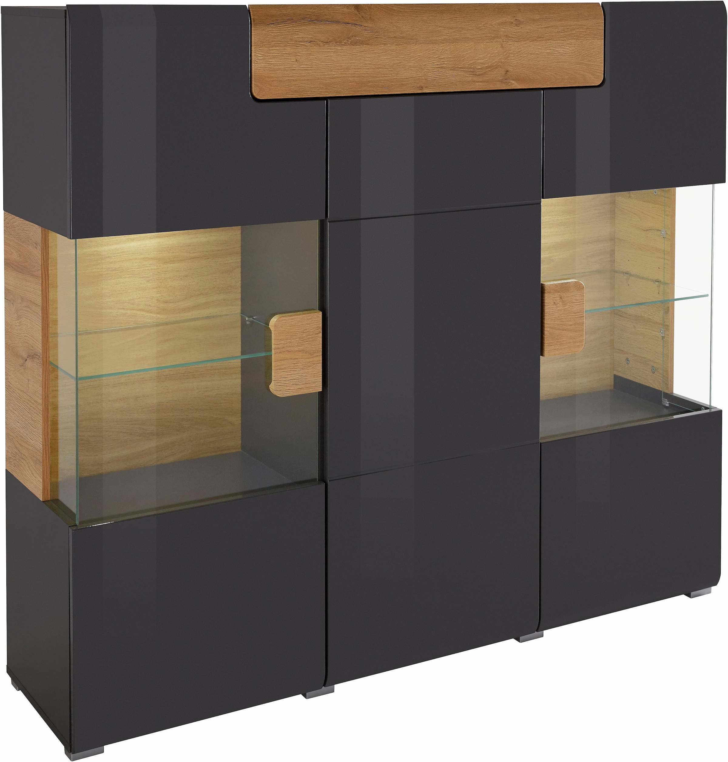 INOSIGN Highboard »Toledo,Breite 147,5cm,trendige Hochkommode mit 3Türen und Schublade«, Hochschrank mit Glas-Partien,stylische Hochglanzfronten