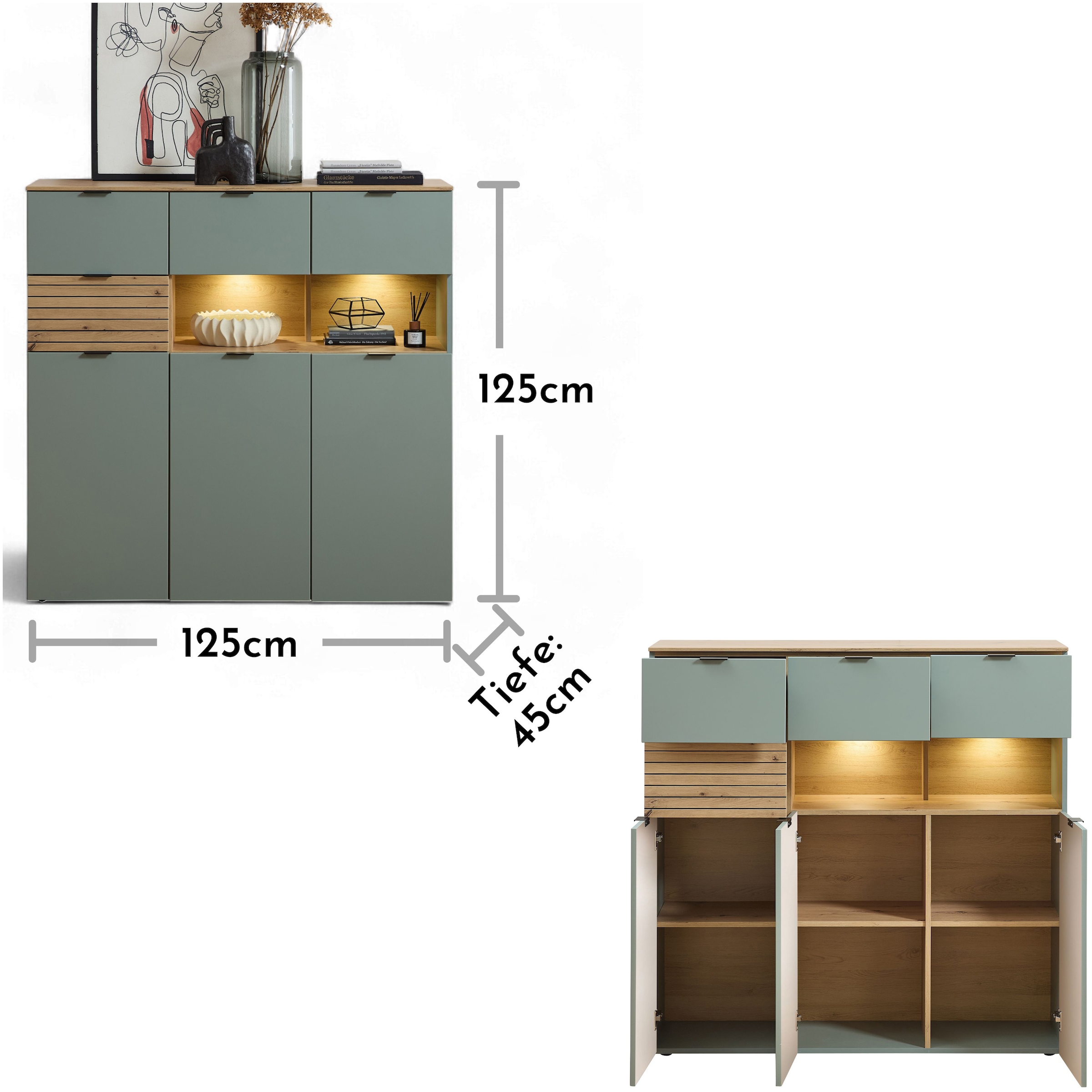 Innostyle Highboard »INA Highboard,  84 x 125 x 45 cm (B/H/T)« 1 Stk. tlg. 3 türig, 4 Schubladen, inkl. Beleuchtung, Softclose