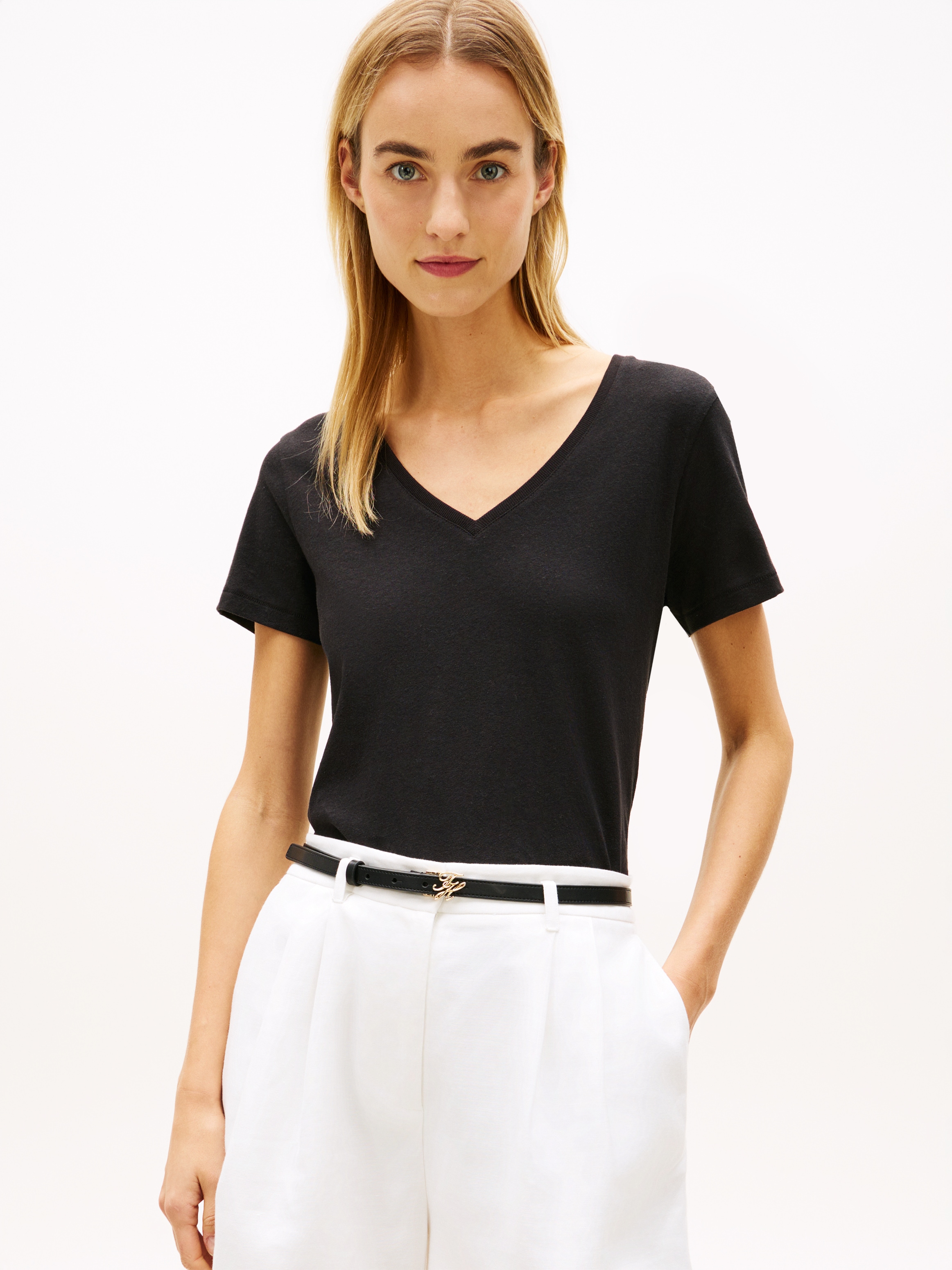 Tommy Hilfiger Kurzarmshirt »CO LINEN V-NECK SHORT SLEEVE TEE« mit V-Ausschnitt, Regular Fit