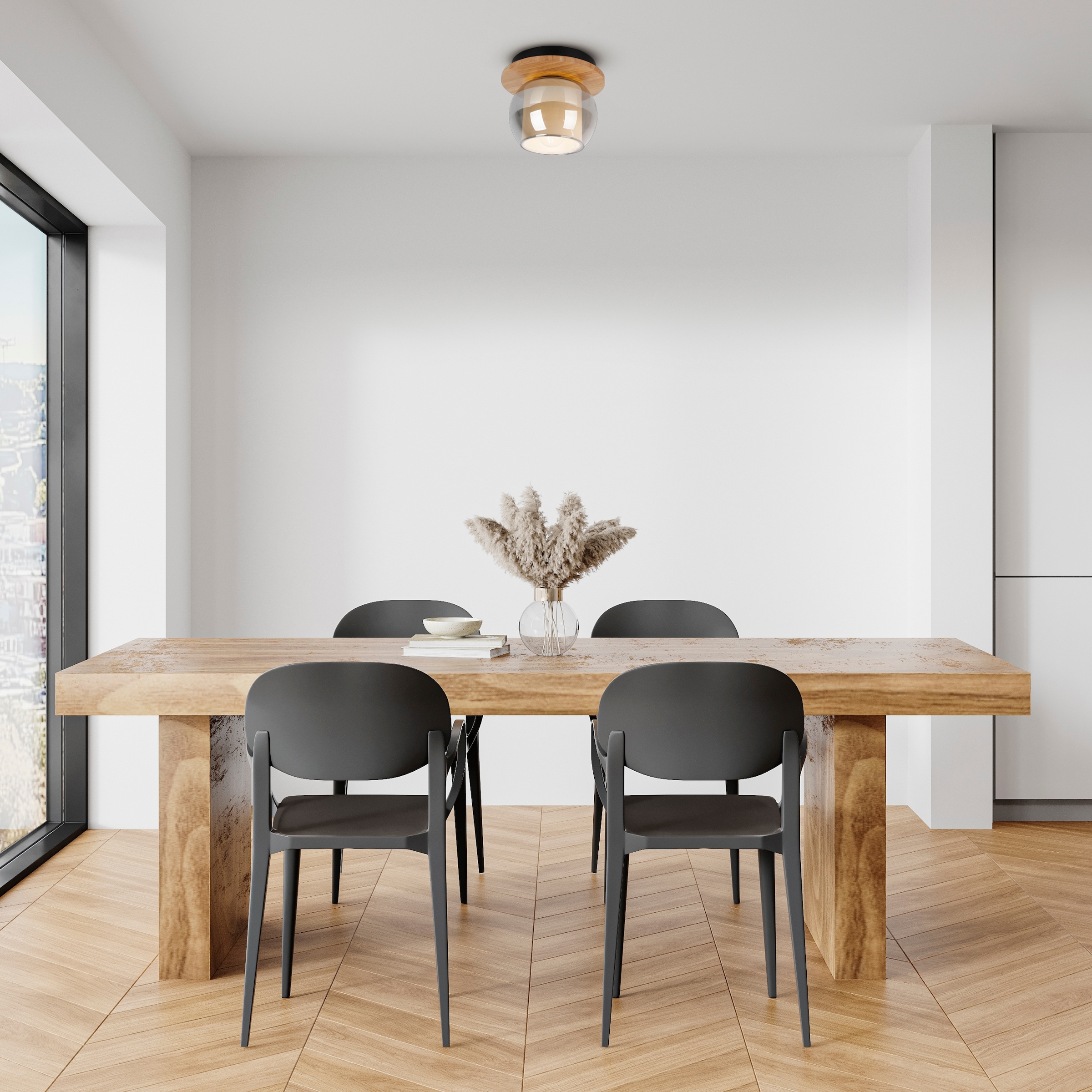 näve Deckenleuchte »Texas« E27 1 Stk. Glasschirm smokey, naturfarbenes Holzdetail, E27 exkl.