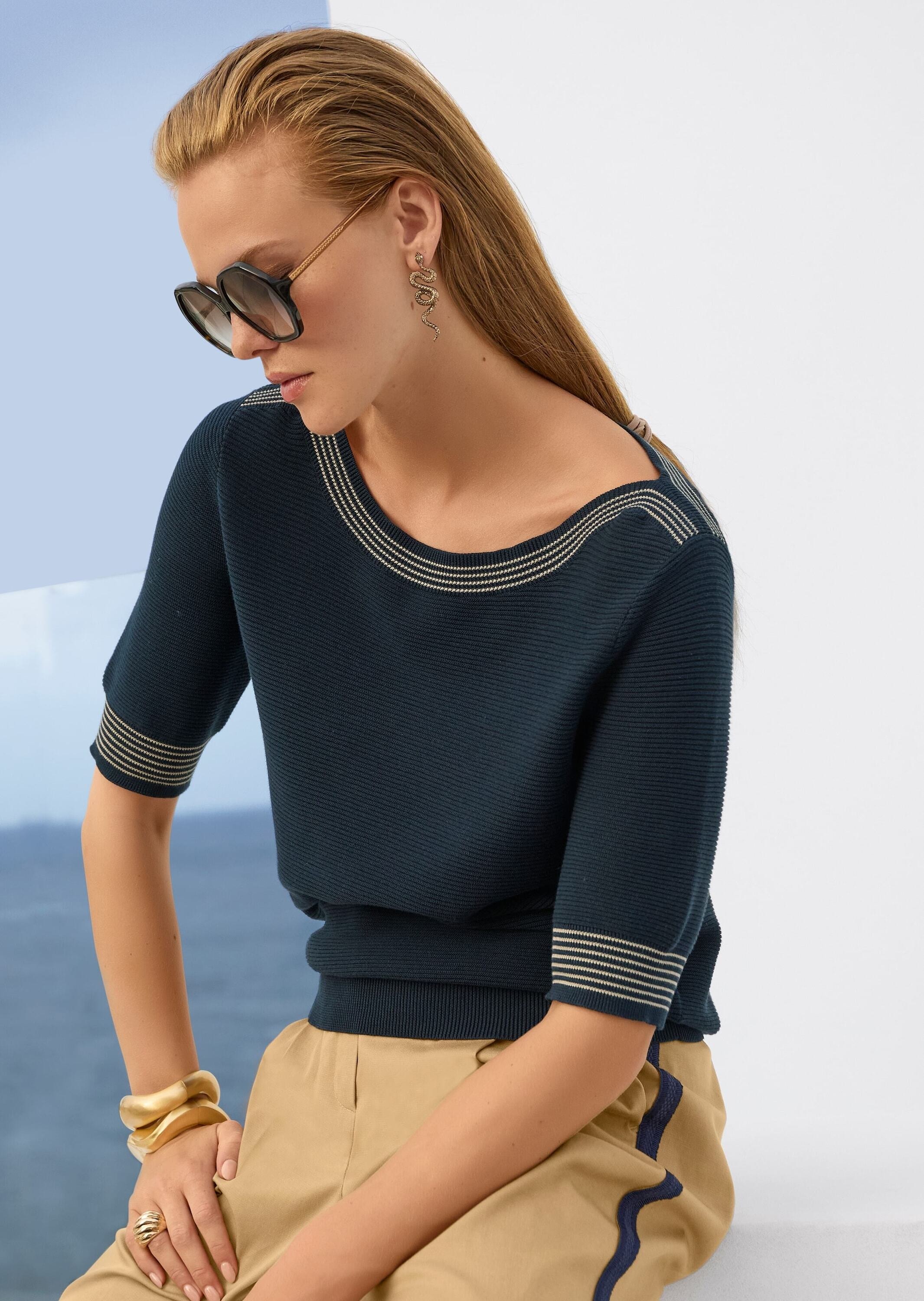 MADELEINE Longpullover »Feinstrickpullover Sommerpullover mit Streifen-Details« Kontrastelemente