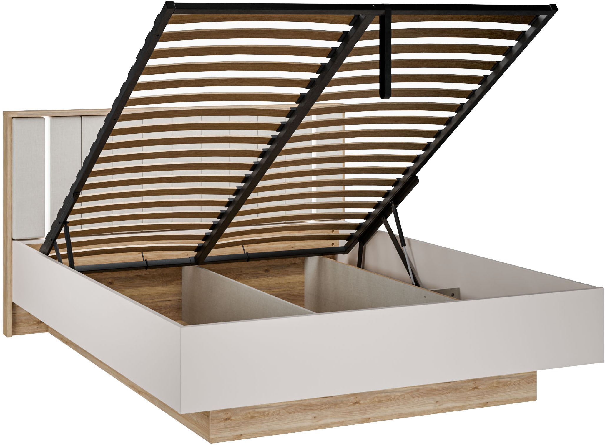 FORTE Bettgestell »Forte Seravel Bettanlage 140 o.160,  Lamellenoptik, warme Holznuancen« inklusive Beleuchtung, aufklappbarer Lattenrost, Stauraum