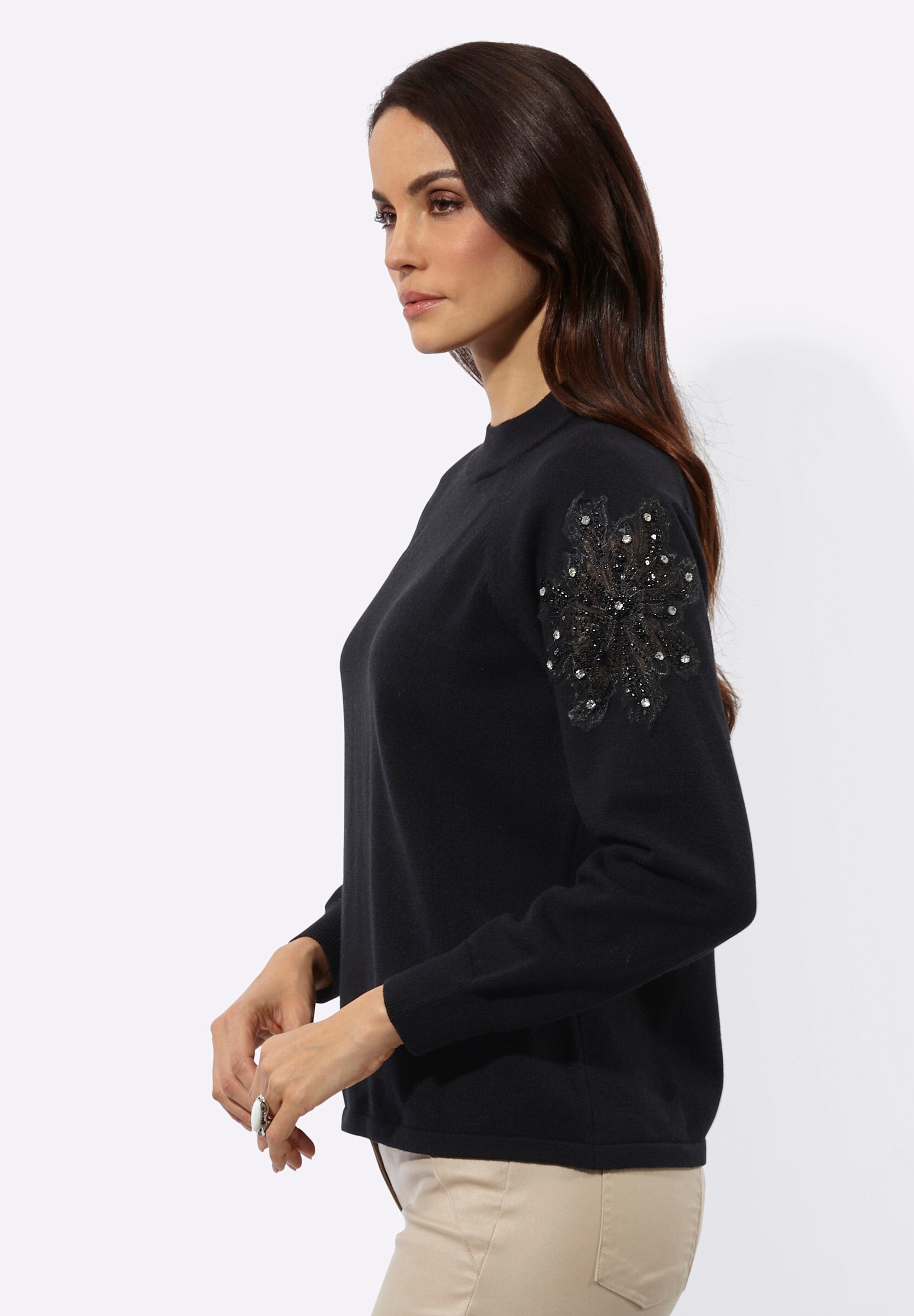 creation L Strickpullover »Modal-Mix-Pullover Langarm-Pullover mit besticktem Netzeinsatz«