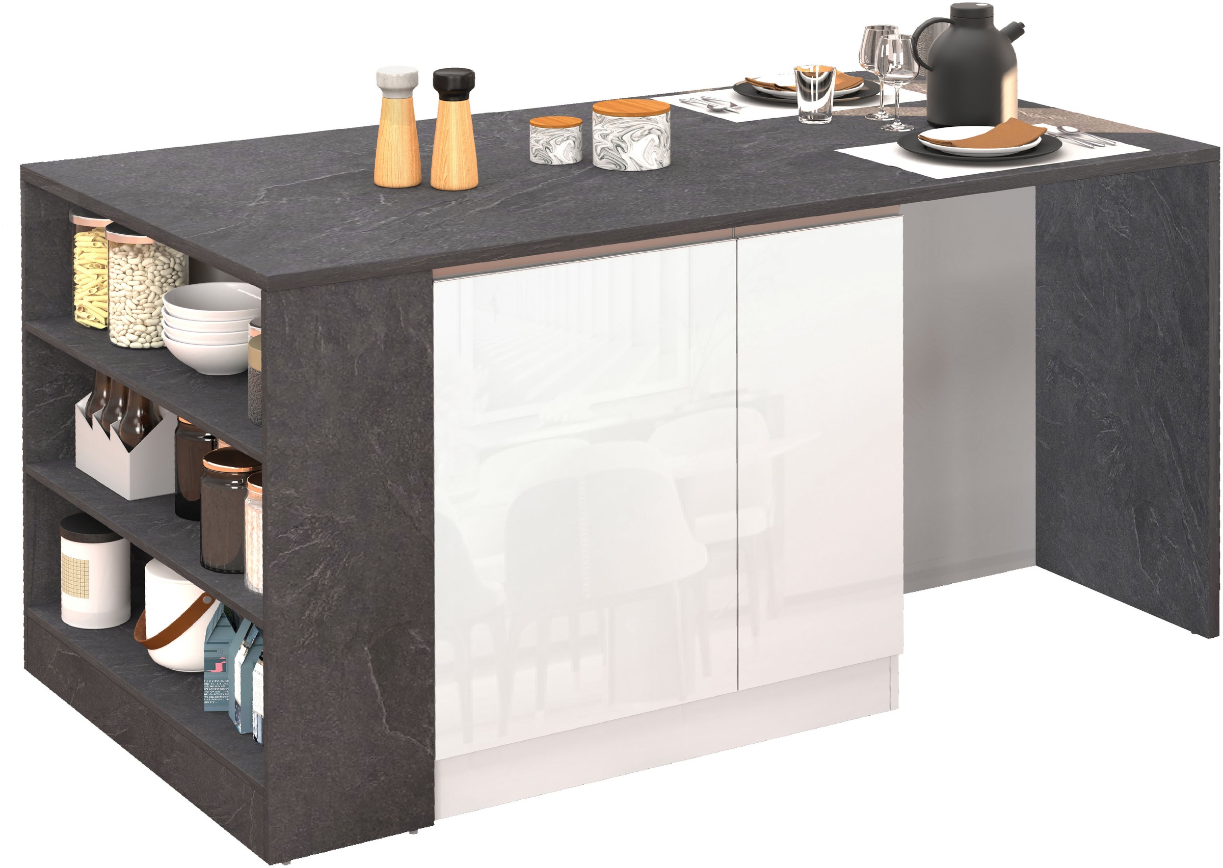 KOCHSTATION Kücheninsel »KS-Sole, Kochinsel, Küchenarbeitsblock, Arbeitsinsel, Made in Italy«, Breite 167,5 cm, 2 Apothekerauszüge, 2 Essplätze, 1 offenes Regal