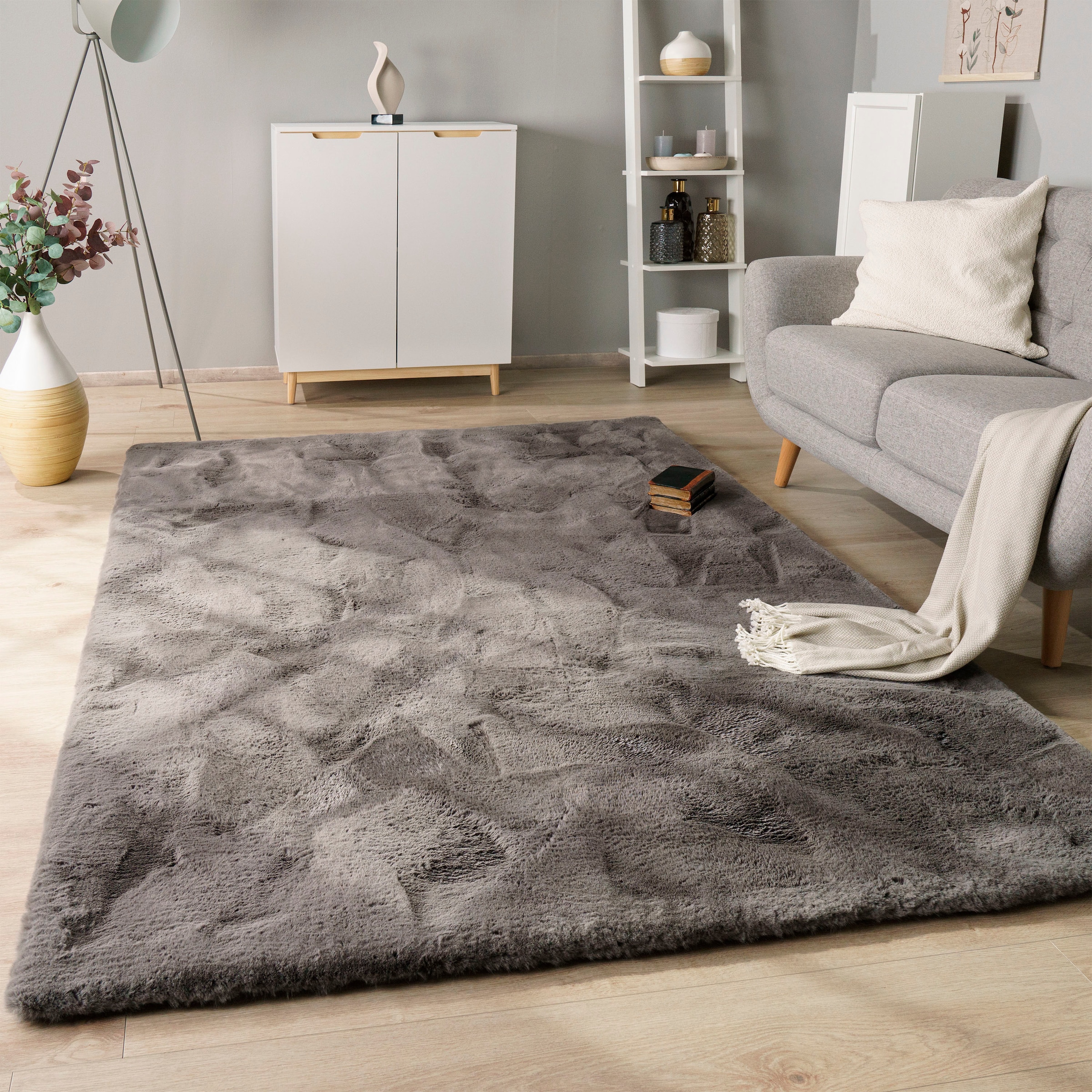 Paco Home Hochflor-Teppich »Rabbit Deluxe 860«, rechteckig, Kunstfell, Uni-Farben, sehr weicher Flor, Wohnzimmer, Schlafzimmer