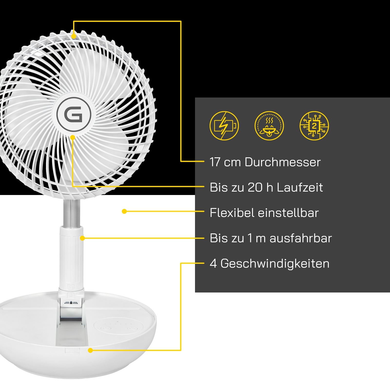 Gutfels Tischventilator »»VENTI 3030 R«« 17 cm Durchmesser klappbar mit 4 Stufen, 20 Std. Akkulaufzeit, mit Powerback Funktion