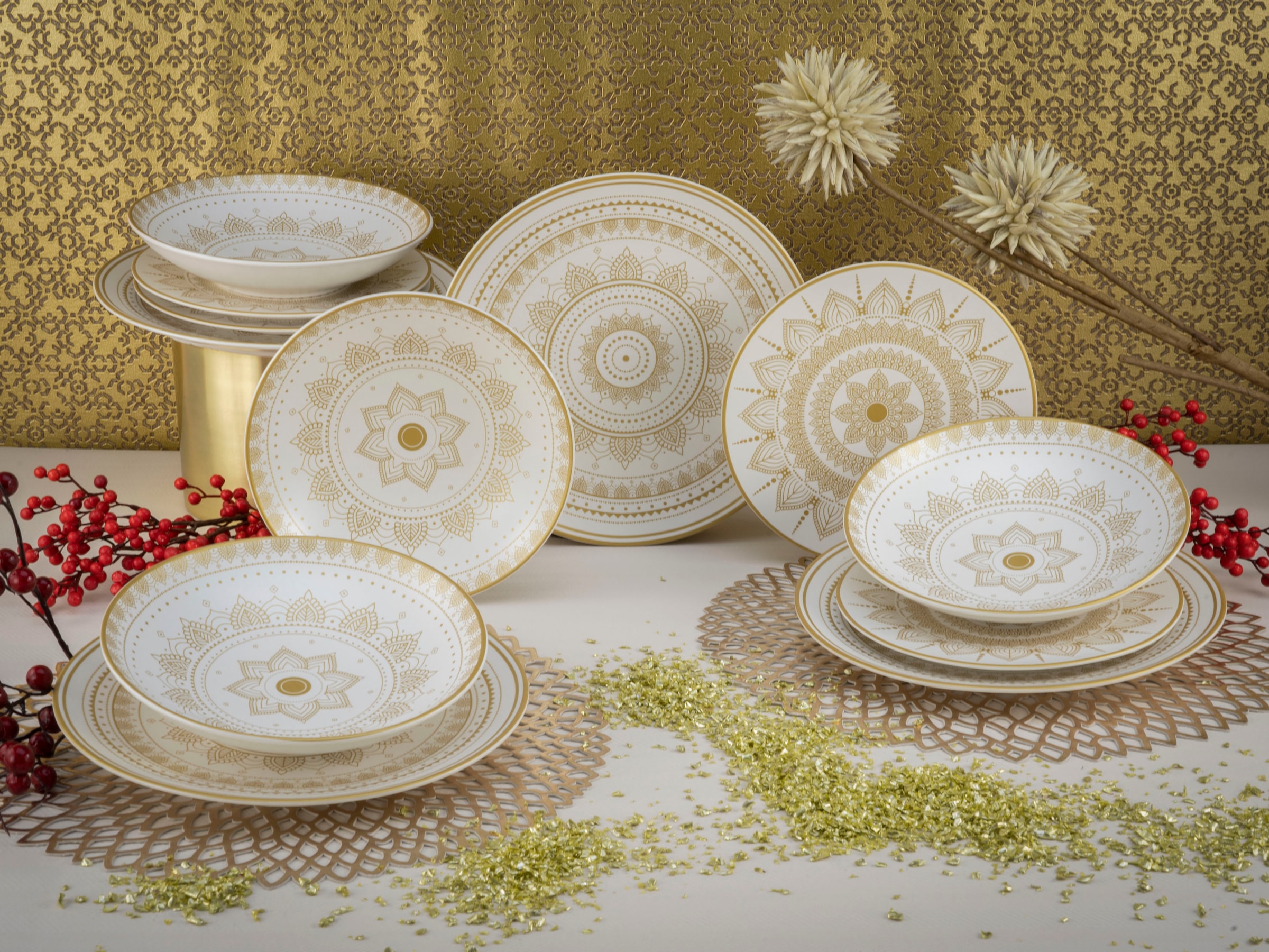 CreaTable Teller-Set »Mandala Gold«, (Set, 12 tlg., Tafelservice für 4 Personen), Service, goldene orientalische Motive, 12 Teile, für 4 Personen