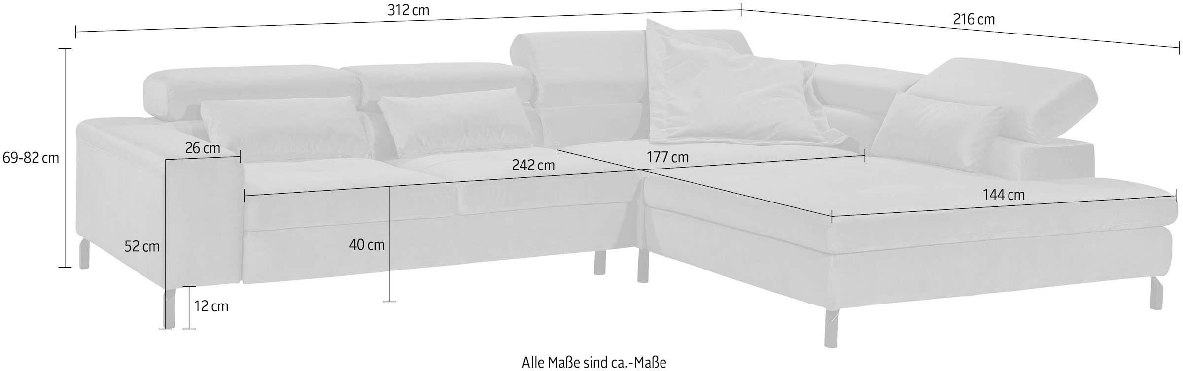 GALLERY M branded by Musterring Ecksofa »Felicia Due L-Form«, Wahlweise mit Sitzvorzug, inkl. Kopfteilverstellung, Sitzhöhe 40 cm