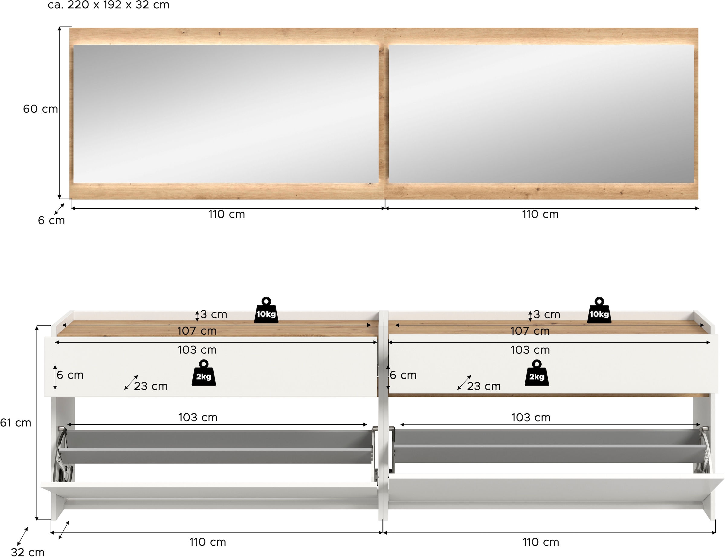 INOSIGN Garderoben-Set »EVRID, 4-teilig, Breite 220 cm, inkl. Beleuchtung« best. aus: 2x Kommode und 2x Spiegel, 4 Stk. tlg. Garderobenkombination, Garderobe, Wandgarderobe, Flur, Diele
