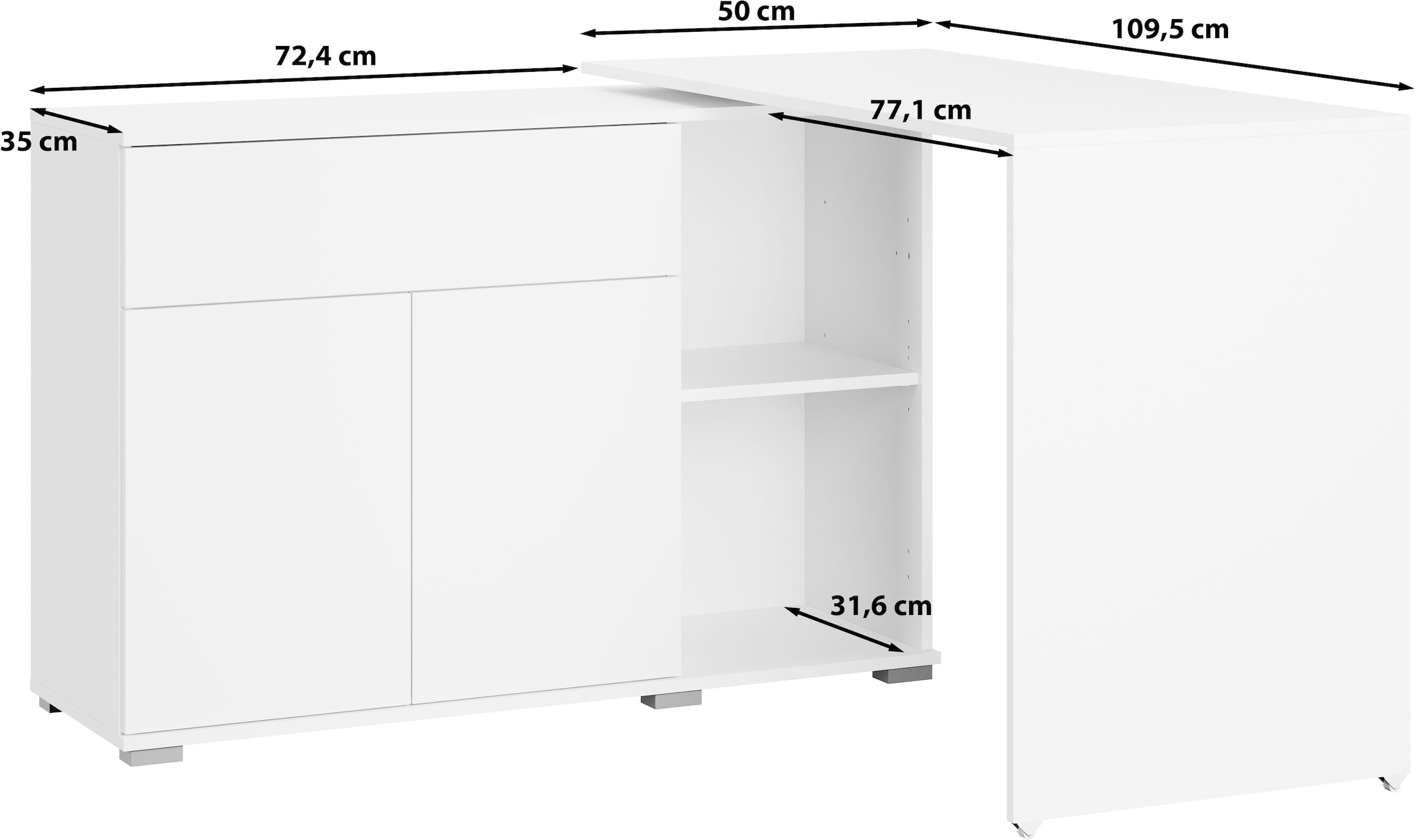 OTTO home Schreibtisch »Kenia mit drehbarer Tischplatte 90°/180°, B/H/T: 109,5/75/50 cm« 1 Stk. tlg. Schublade & Türen mit Push-to-open, 2 höhenverstellbare Böden
