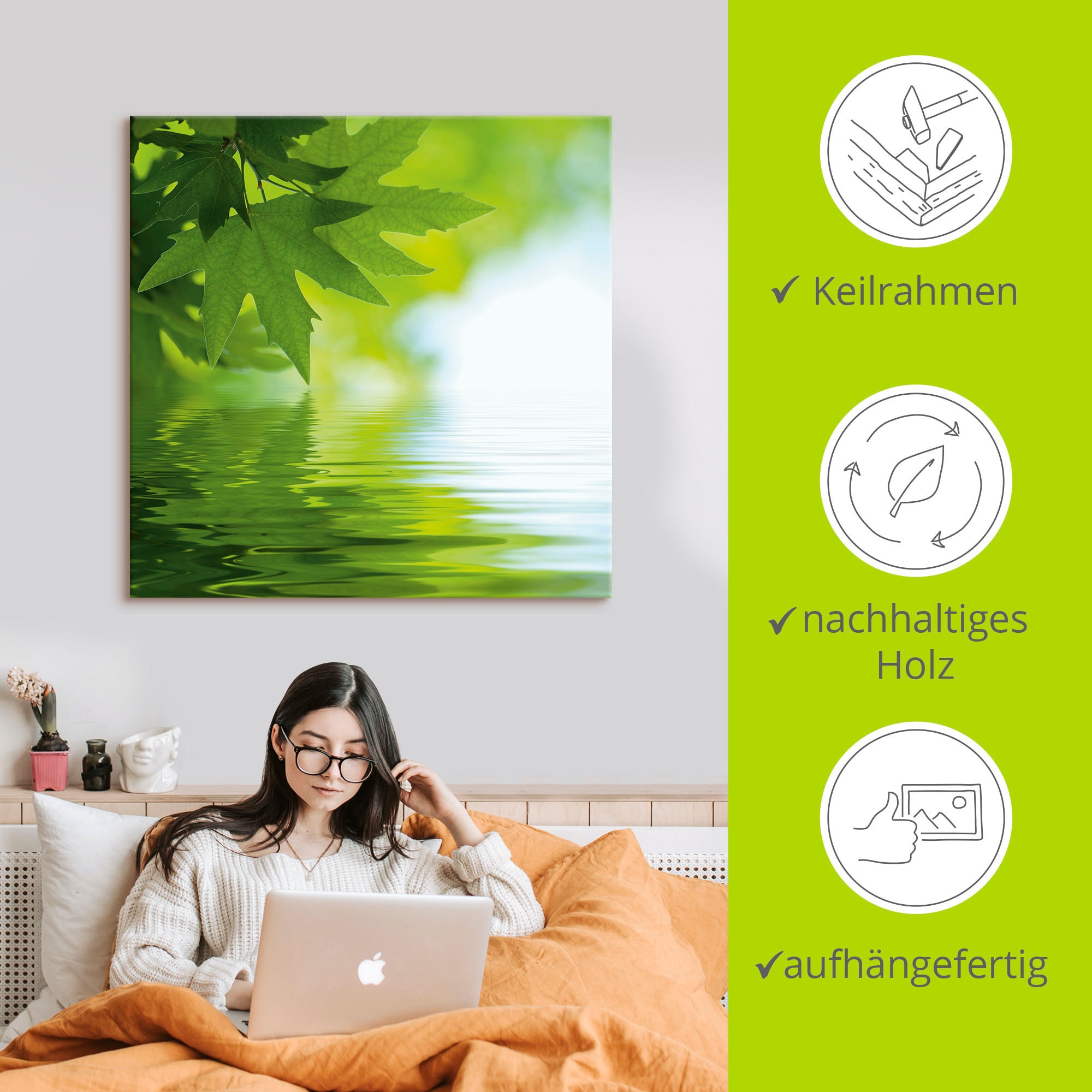 Artland Wandbild »Grüne Blätter reflektieren im Wasser«, Blätter, (1 St.), als Leinwandbild, Poster, Wandaufkleber in verschied. Größen