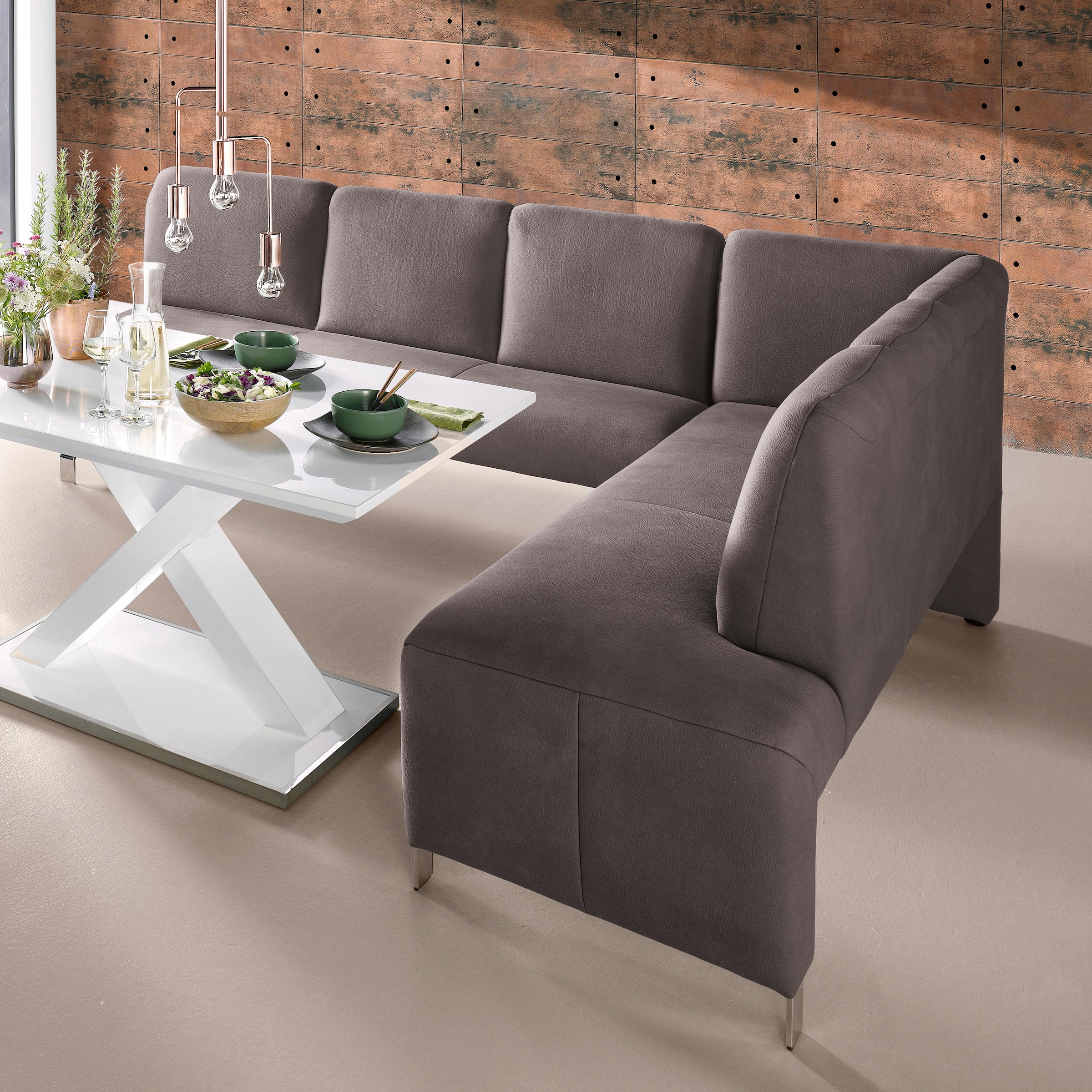 exxpo - sofa fashion Eckbank »Intenso, modern, wahlweise in Leder oder Textil, 264/197 cm (B/T)«, hohe Bodenfreiheit, frei im Raum stellbar, hoher Sitzkomfort