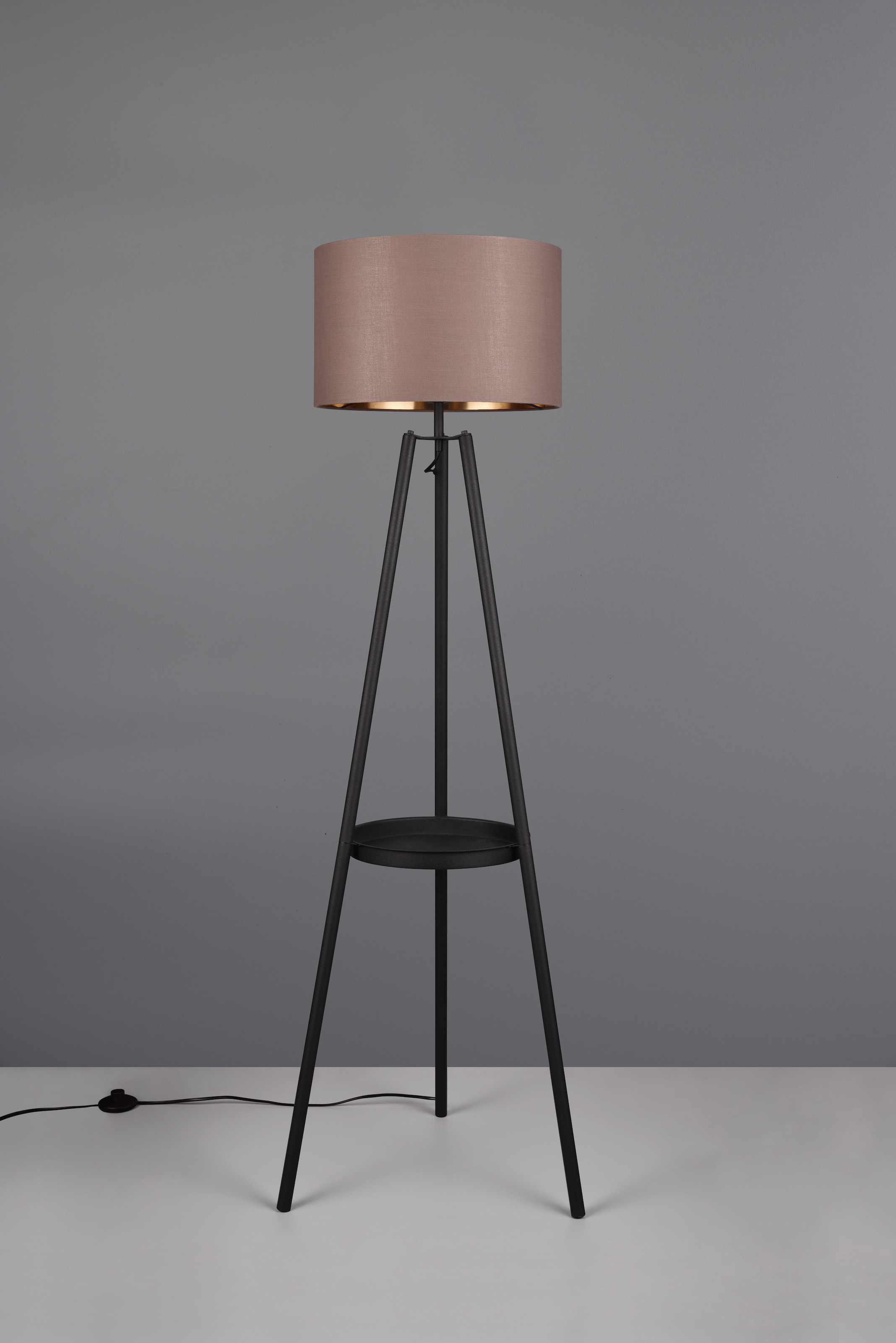REALITY Leuchten Stehlampe »COLETTE, Stehleuchte Dreibein mit Ablagefläche exkl 1xE27 max 60W«, 1 flammig, Leuchtmittel E27 | Leuchtmittel wechselbar, Stehleuchte Ø 57cm mit Fußschalter moderne Farbkombination innen gold