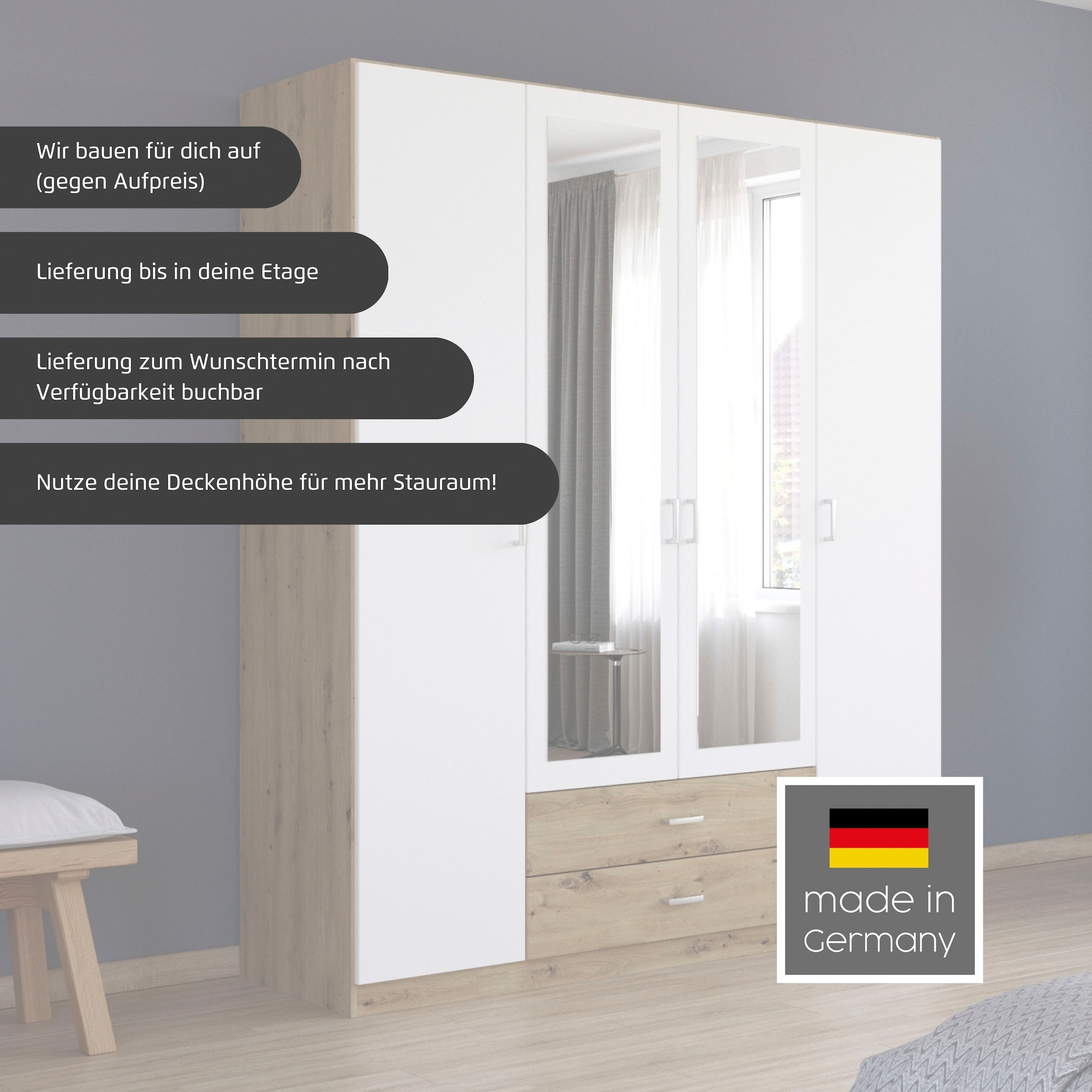 rauch Drehtürenschrank »Kleiderschrank Garderobe GAMMA Breiten 91/136/181/226/271/315/360 cm« in 3 Ausstattungen BASIC/CLASSIC/PREMIUM (inkl. SOFT-CLOSE-Funktion),  mit Schubladen, verschiedene Griff-Varianten TOPSELLER MADE IN GERMANY