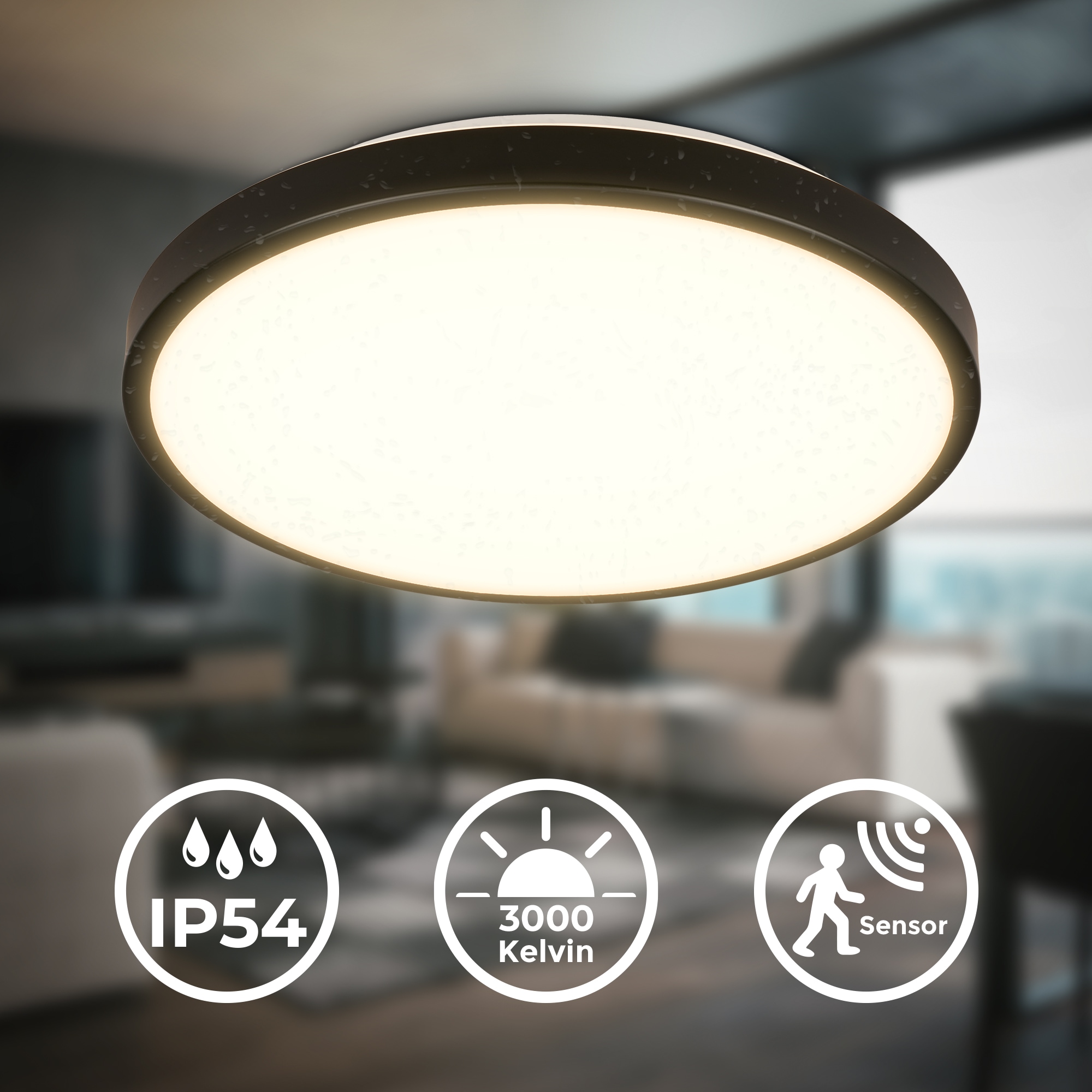 B.K.Licht LED Deckenleuchte »BK_DL1615 Bad Deckenlampe mit Bewegungsmelder, 3m Reichweite« LED-Modul 1 Stk. Warmweiß 120° Erfassungswinkel, IP54, 13W, 1.300 Lm, 3.000K, Ø27cm, Schwarz