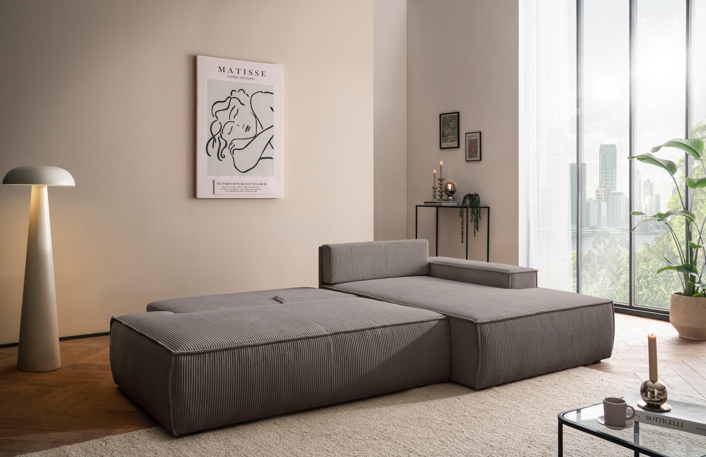 Home affaire Ecksofa »SHERWOOD,  Schlafsofa in L-Form offen (275cm), Cord, Leinenoptik« Schlaffunktion und Bettkasten, Kedernaht, hoher Sitz- & Liegekomfort,